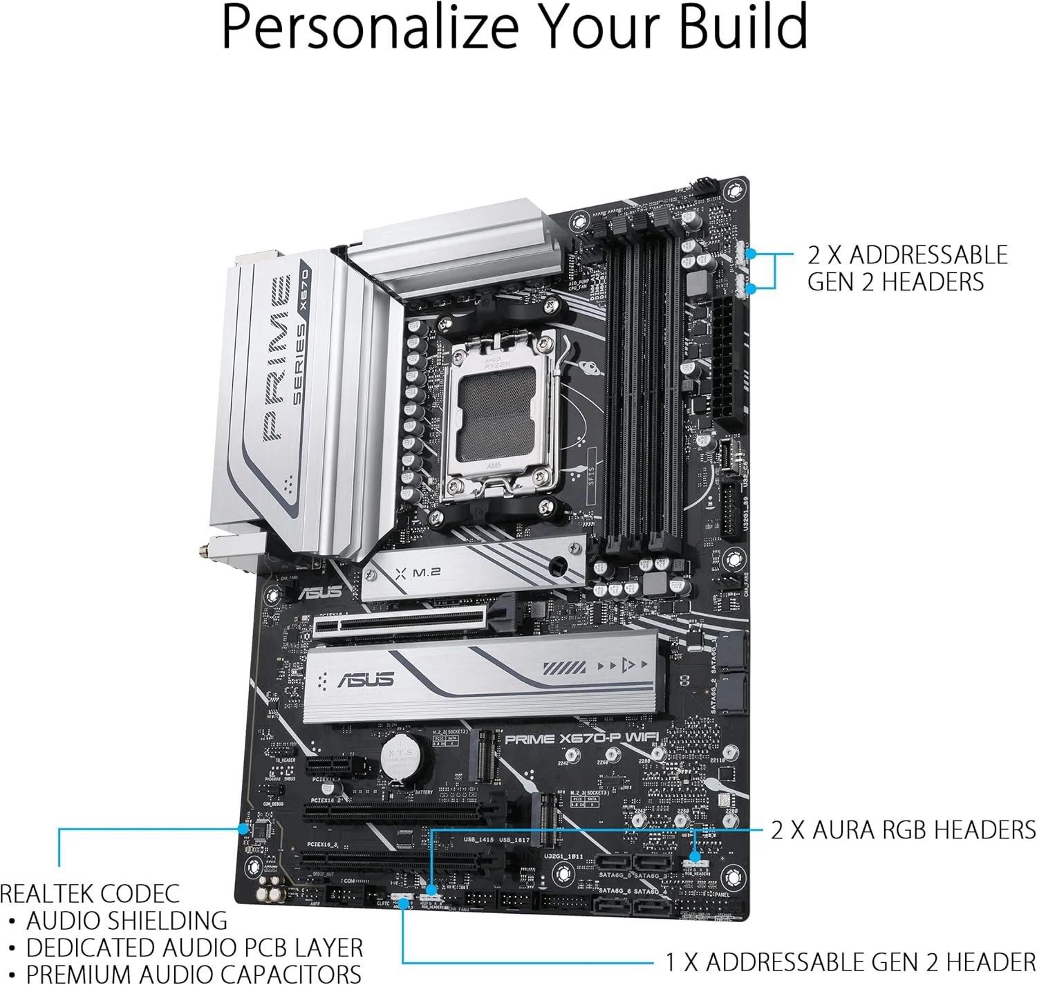 مادربرد ایسوس پرایم X670-P WiFi سوکت AM5، LGA 1718، Ryzen 7000 ATX، DDR5، سه اسلات M.2، USB 3.2 Gen 2x2 Type-C، پشتیبانی از USB4، WiFi 6، اترنت 2.5 گیگابیتی - مشکی