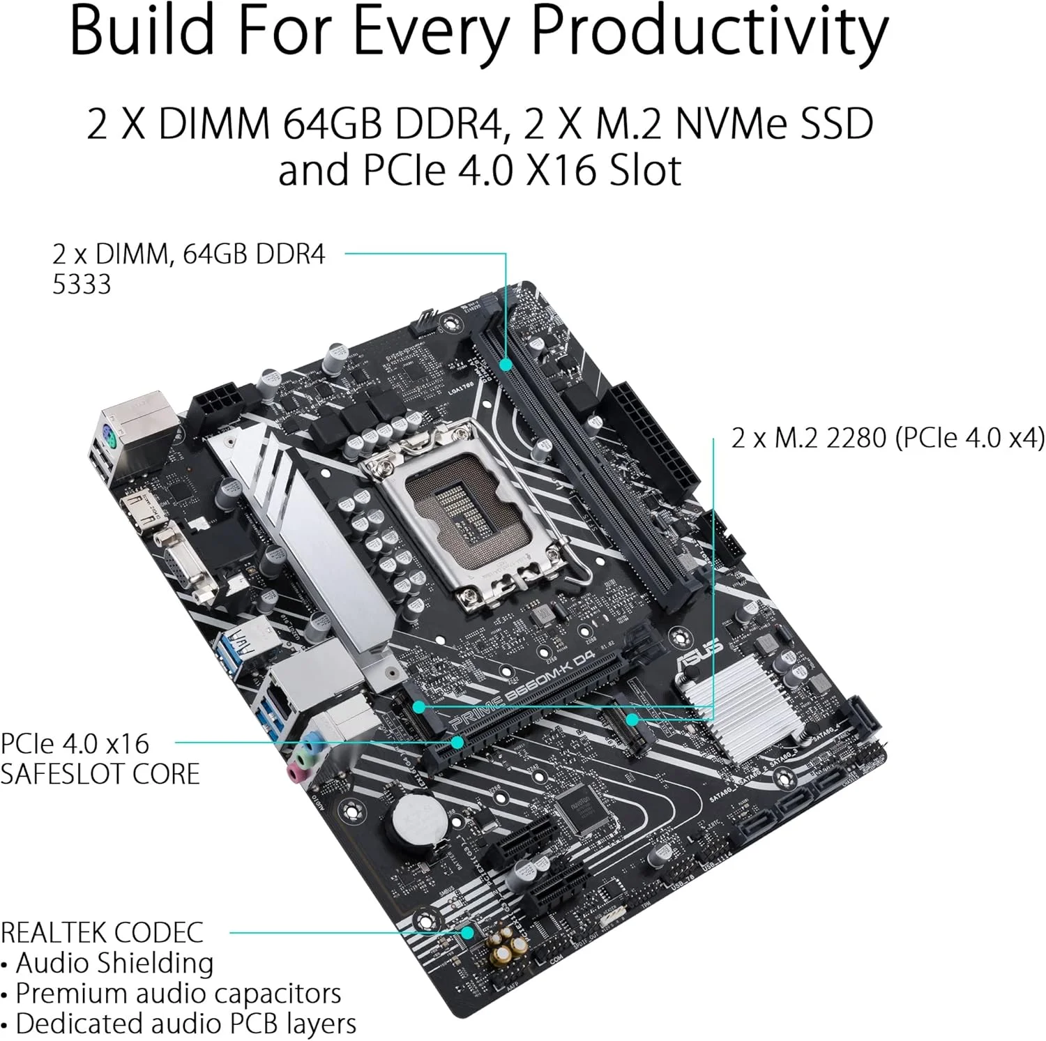 مادربرد ایسوس پرایم B660M K D4 اینتل B660 Lga 1700 Matx با Pcie 4.0، دو اسلات M.2، DDR4، HDMI، D Sub، Realtek 1GB Ethernet، USB 3.2 Gen 1 جلویی، کنترل نورپردازی ایسوس مشکی، ASUCMPB660MK0