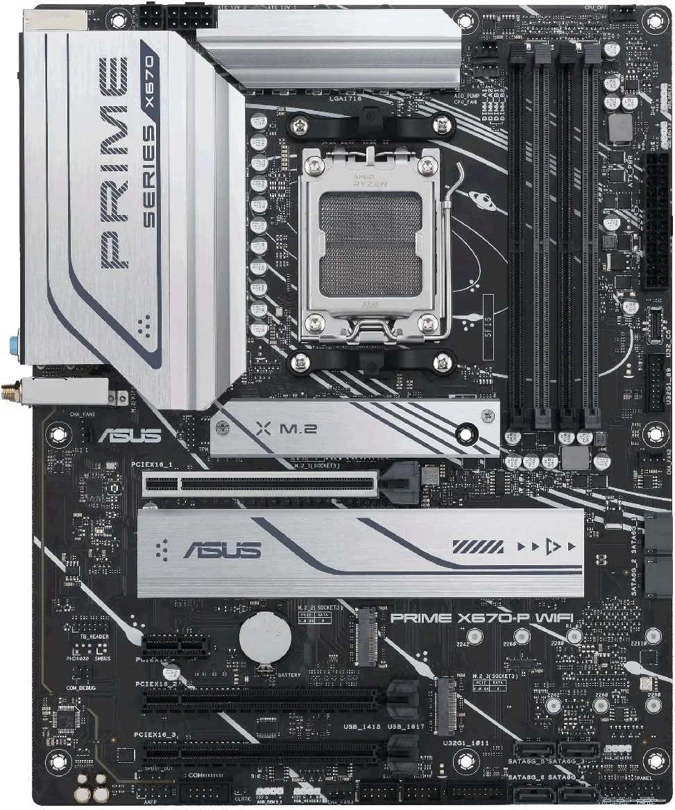 مادربرد ایسوس پرایم X670-P WiFi سوکت AM5، LGA 1718، Ryzen 7000 ATX، DDR5، سه اسلات M.2، USB 3.2 Gen 2x2 Type-C، پشتیبانی از USB4، WiFi 6، اترنت 2.5 گیگابیتی - مشکی