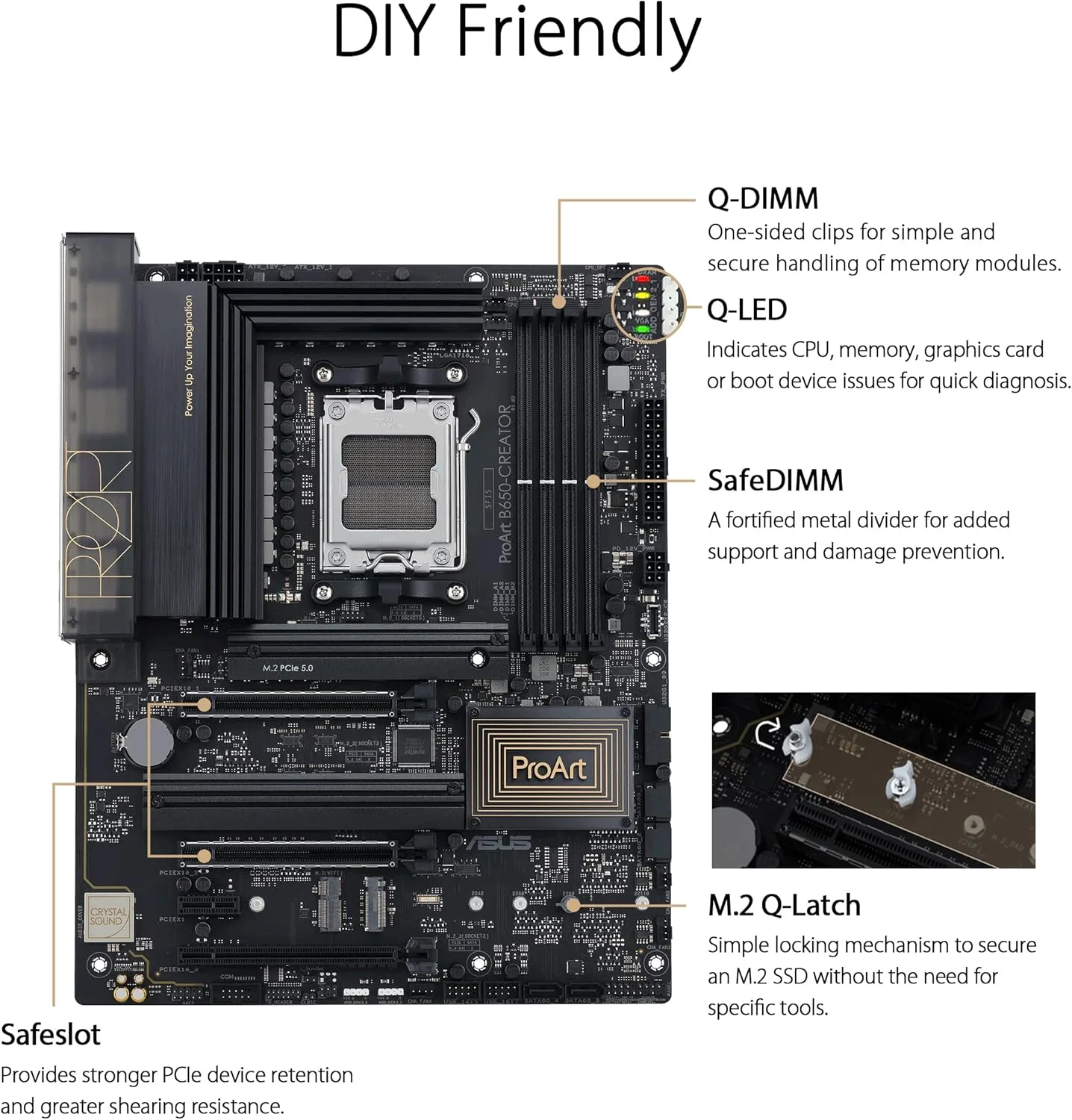 مادربرد ASUS ProArt B650-Creator AM5 (LGA 1718) Ryzen 7000 ATX برای تولیدکنندگان محتوا (PCIe 5.0، DDR5، اسلات M.2 با پشتیبانی از PCIe 5.0، LAN 2.5G & 1G، پنل جلویی USB 3.2 Gen2 Type-C با DisplayPort™ از طریق USB-C)