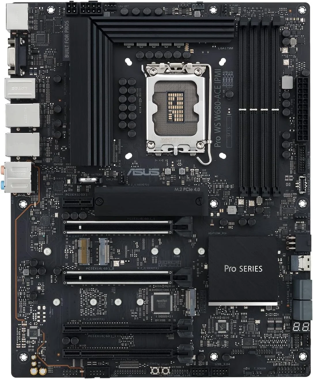 مادربرد ASUS Pro WS W680-ACE IPMI Intel W680 LGA 1700 ATX، PCIe 5.0، DDR5، 2 اینتل 2.5Gb اترنت، 3 اسلات PCIe 4.0 M.2، 2 USB 3.2 Gen 2، SlimSAS، SATA 6Gbps، HDMI، DisplayPort و VGA