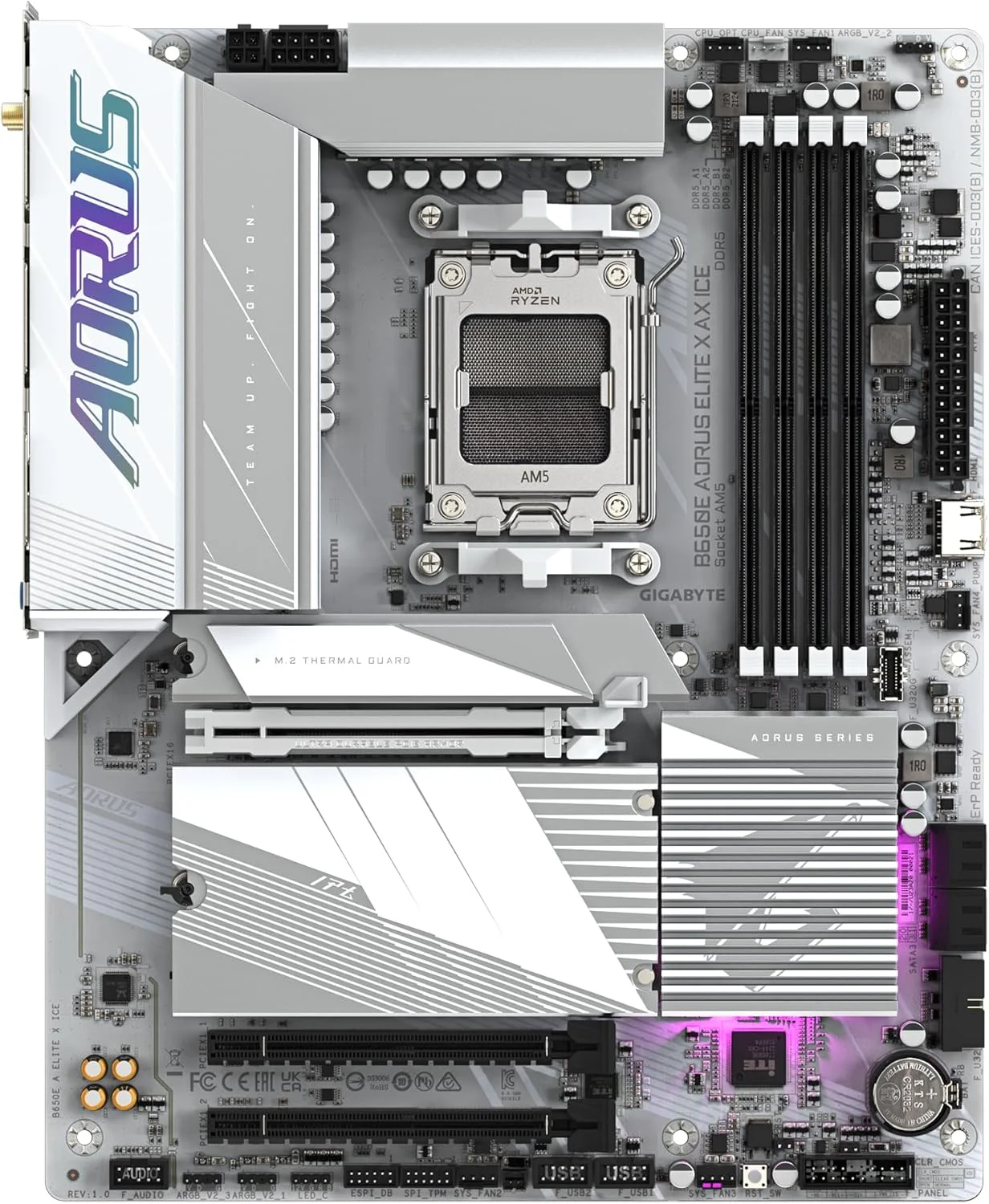مادربرد گیگابایت B650E AORUS ELITE X AX ICE - پشتیبانی از پردازنده های AMD Ryzen 8000، دارای VRM با 12+2+2 فاز، پشتیبانی از DDR5 تا 8000 مگاهرتز (OC)، دارای 1xPCIe 5.0 M2 + 2xPCIe 4.0 M.2، Wi-Fi 6E، LAN 2.5GbE، USB 3.2 Gen 2