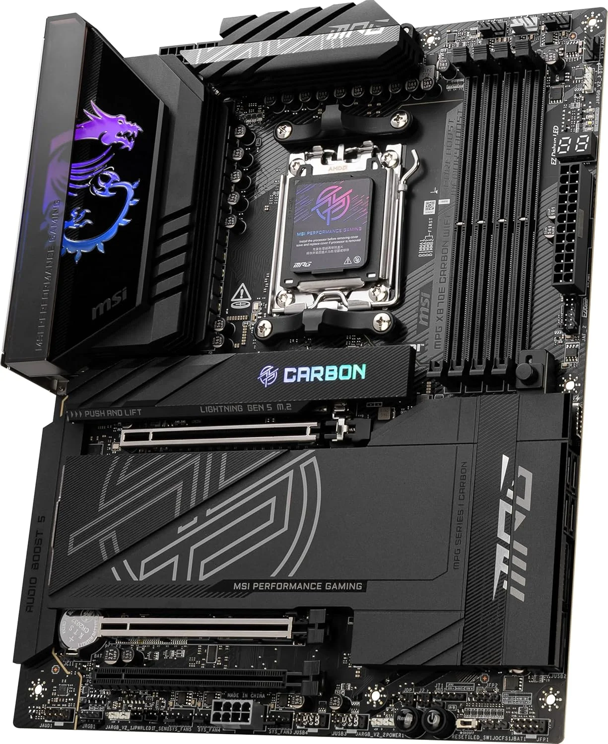 مادربرد گیمینگ MSI MPG X870E Carbon WiFi (پردازنده‌های AMD Ryzen سری 9000/8000/7000، سوکت AM5، DDR5، PCIe 5.0، M.2 Gen5، SATA 6Gb/s، USB 40Gbps، HDMI، Wi-Fi 7، بلوتوث 5.4، LAN 5Gbps، ATX)