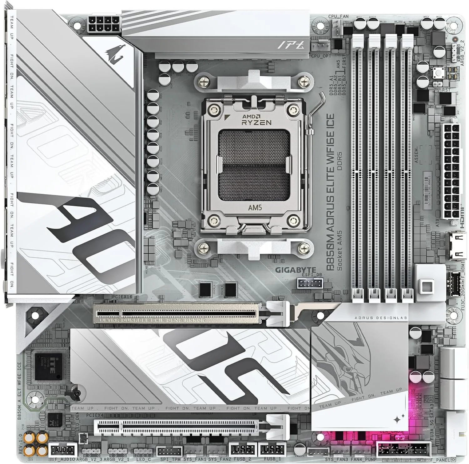 مادربرد GIGABYTE B850M AORUS Elite WIFI6E ICE AMD AM5 LGA 1718، فرم فاکتور mATX، DDR5، دارای 2 اسلات M.2، PCIe 5.0، USB-C، WIFI6E، LAN 2.5GbE، EZ-Latch، با 5 سال گارانتی
