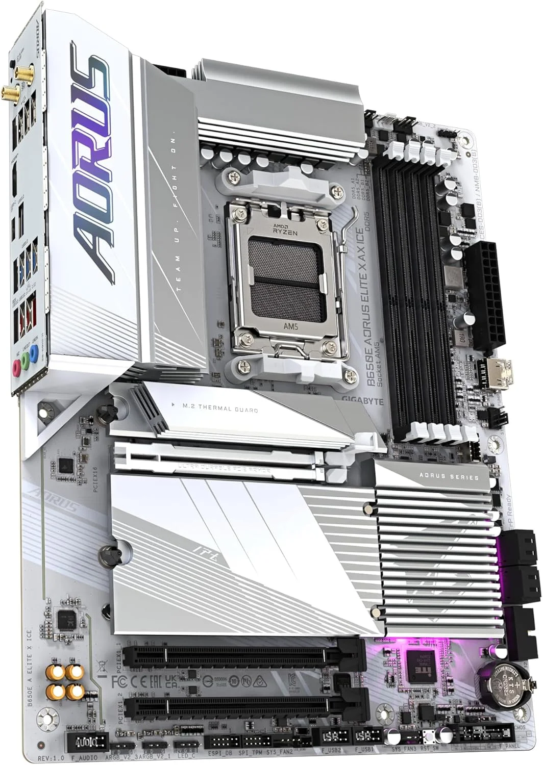 مادربرد گیگابایت B650E AORUS ELITE X AX ICE - پشتیبانی از پردازنده های AMD Ryzen 8000، دارای VRM با 12+2+2 فاز، پشتیبانی از DDR5 تا 8000 مگاهرتز (OC)، دارای 1xPCIe 5.0 M2 + 2xPCIe 4.0 M.2، Wi-Fi 6E، LAN 2.5GbE، USB 3.2 Gen 2