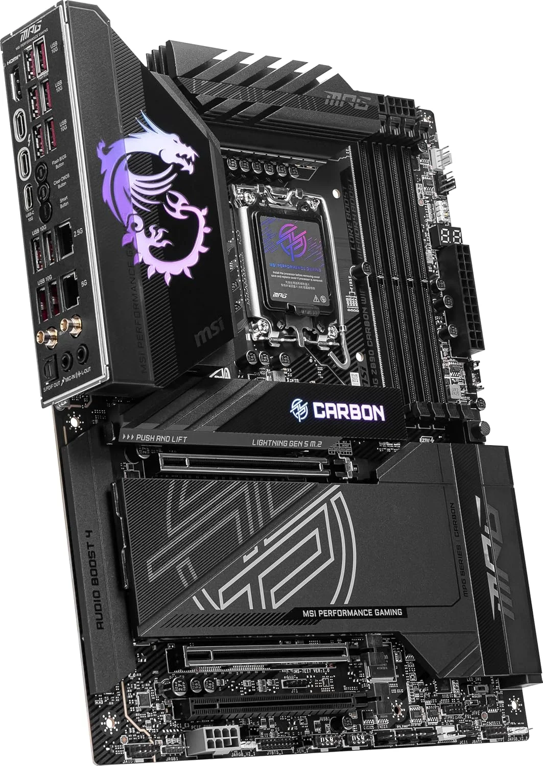مادربرد گیمینگ MSI MPG X870E Carbon WiFi (پردازنده‌های AMD Ryzen سری 9000/8000/7000، سوکت AM5، DDR5، PCIe 5.0، M.2 Gen5، SATA 6Gb/s، USB 40Gbps، HDMI، Wi-Fi 7، بلوتوث 5.4، LAN 5Gbps، ATX)