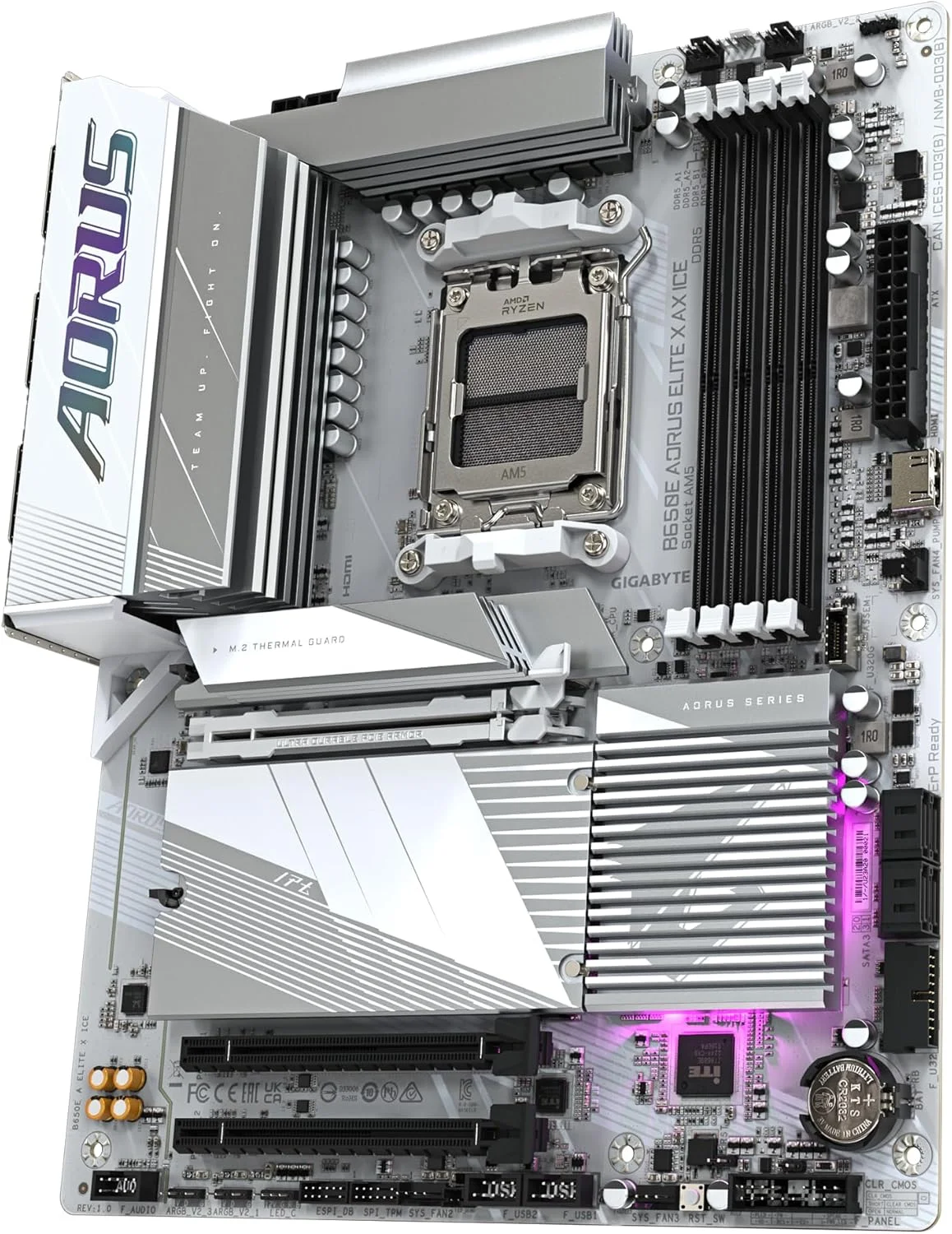 مادربرد گیگابایت B650E AORUS ELITE X AX ICE - پشتیبانی از پردازنده های AMD Ryzen 8000، دارای VRM با 12+2+2 فاز، پشتیبانی از DDR5 تا 8000 مگاهرتز (OC)، دارای 1xPCIe 5.0 M2 + 2xPCIe 4.0 M.2، Wi-Fi 6E، LAN 2.5GbE، USB 3.2 Gen 2