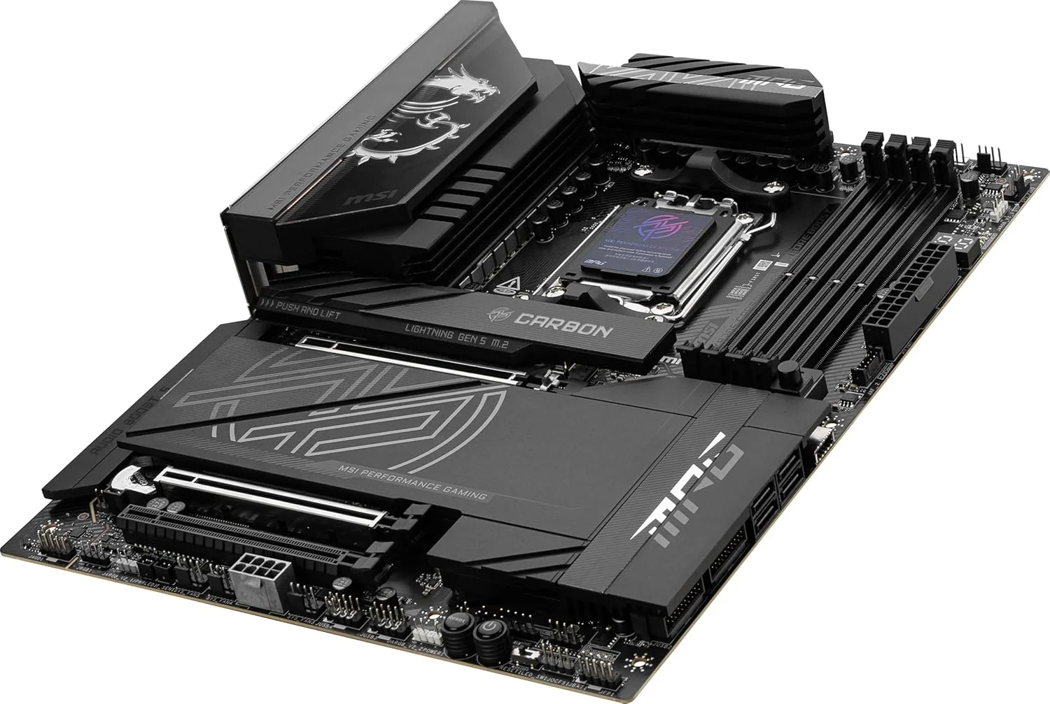 مادربرد گیمینگ MSI MPG X870E Carbon WiFi (پردازنده‌های AMD Ryzen سری 9000/8000/7000، سوکت AM5، DDR5، PCIe 5.0، M.2 Gen5، SATA 6Gb/s، USB 40Gbps، HDMI، Wi-Fi 7، بلوتوث 5.4، LAN 5Gbps، ATX)