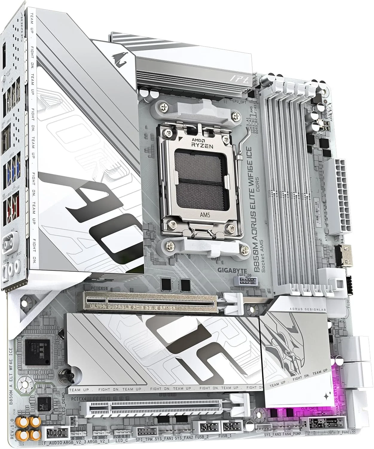 مادربرد GIGABYTE B850M AORUS Elite WIFI6E ICE AMD AM5 LGA 1718، فرم فاکتور mATX، DDR5، دارای 2 اسلات M.2، PCIe 5.0، USB-C، WIFI6E، LAN 2.5GbE، EZ-Latch، با 5 سال گارانتی