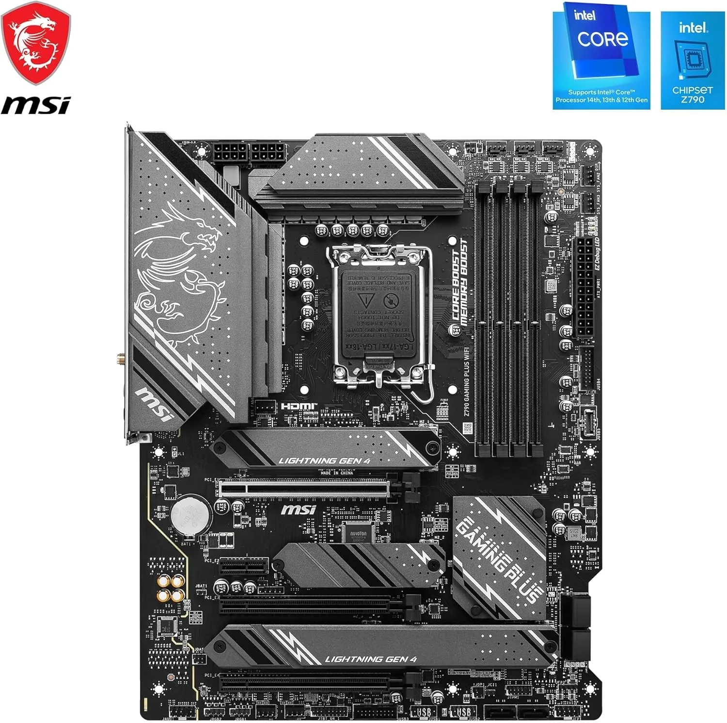 مادربرد MSI Z790 GAMING PLUS WIFI، ATX - پشتیبانی از پردازنده‌های نسل 14، 13 و 12 اینتل Core، LGA 1700 - تقویت حافظه DDR5 7200+ مگاهرتز/OC، 1 x PCIe 5.0 x16، 4 x M.2 Gen4، 2.5G LAN، Wi-Fi 6E