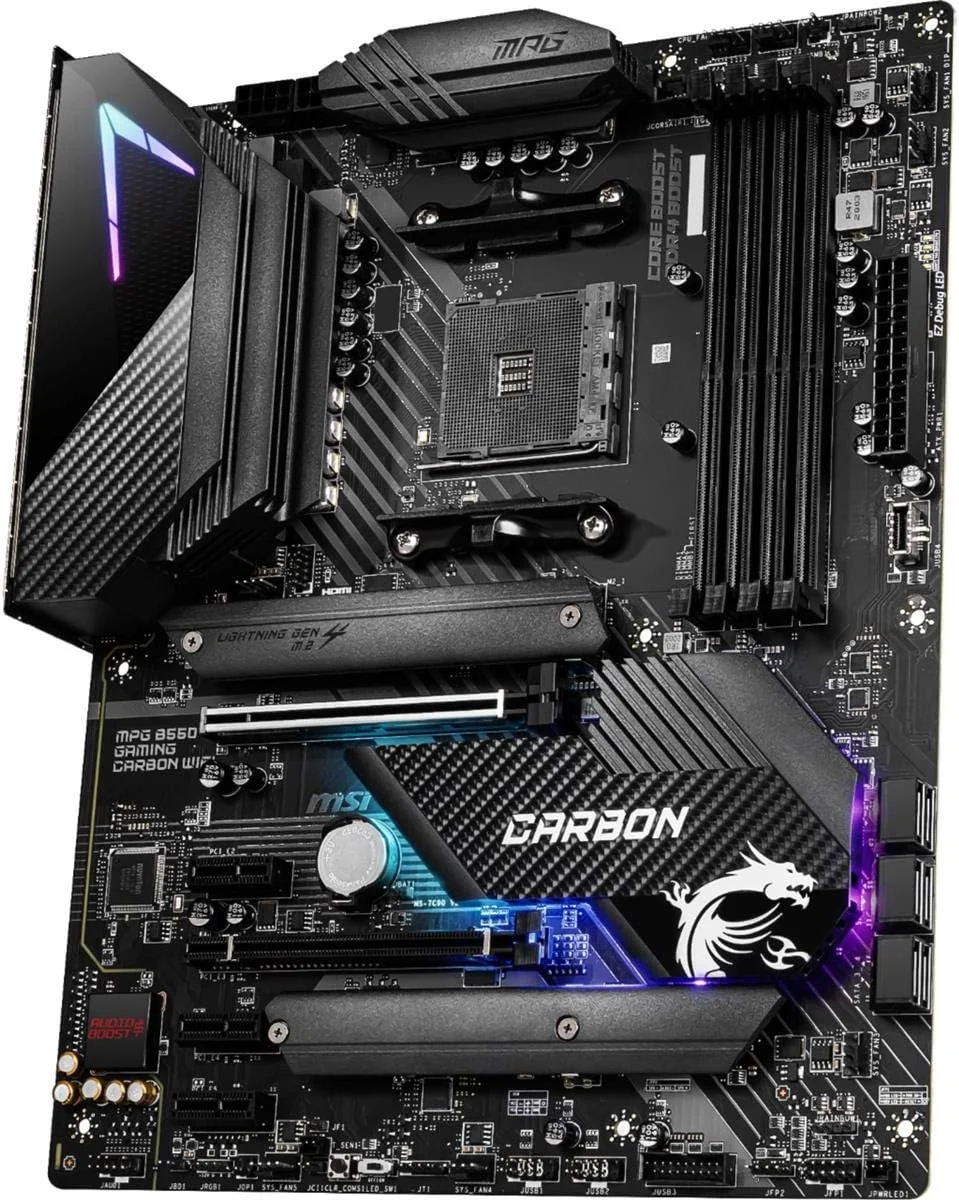 مادربرد گیمینگ MSI MPG B550 GAMING CARBON WIFI (AMD AM4, DDR4, PCIe 4.0, SATA 6Gb/s, Dual M.2, USB 3.2 Gen 2, HDMI/DP, Wi-Fi 6 AX, ATX، پردازنده های AMD Ryzen 5000 Series) مادربرد گیمینگ MSI MPG B550 GAMING CARBON WIFI (AMD AM4, DDR4, PCIe 4.0, SATA 6Gb/s, Dual M.2, USB 3.2 Gen 2, HDMI/DP, Wi-Fi 6 AX, ATX، پردازنده های AMD Ryzen 5000 Series)