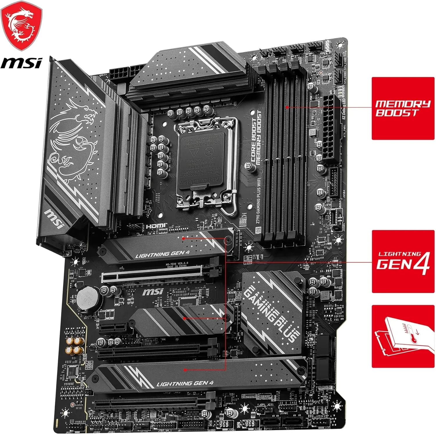مادربرد MSI Z790 GAMING PLUS WIFI، ATX - پشتیبانی از پردازنده‌های نسل 14، 13 و 12 اینتل Core، LGA 1700 - تقویت حافظه DDR5 7200+ مگاهرتز/OC، 1 x PCIe 5.0 x16، 4 x M.2 Gen4، 2.5G LAN، Wi-Fi 6E