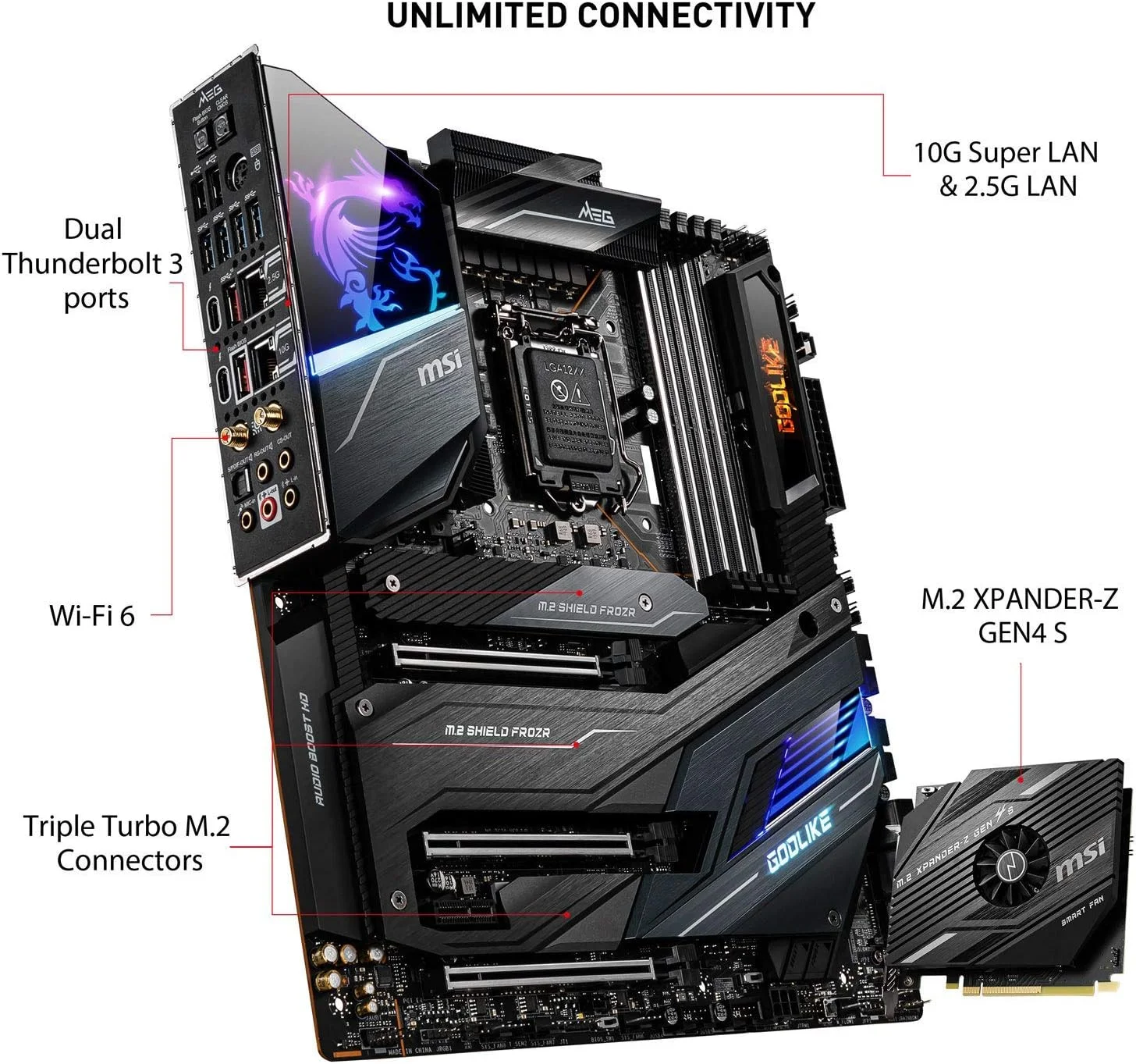 مادربرد گیمینگ ام اس آی Meg Z490 Godlike، E-ATX، نسل دهم پردازنده Intel Core، سوکت LGA 1200، DDR4، Sli/Cf، سه اسلات M.2، Thunderbolt 3 Type-C، Wi-Fi 6، Mystic Light RGB، 7C70-005R مادربرد گیمینگ ام اس آی Meg Z490 Godlike، E-ATX، نسل دهم پردازنده Intel Core، سوکت LGA 1200، DDR4، Sli/Cf، سه اسلات M.2، Thunderbolt 3 Type-C، Wi-Fi 6، Mystic Light RGB، 7C70-005R