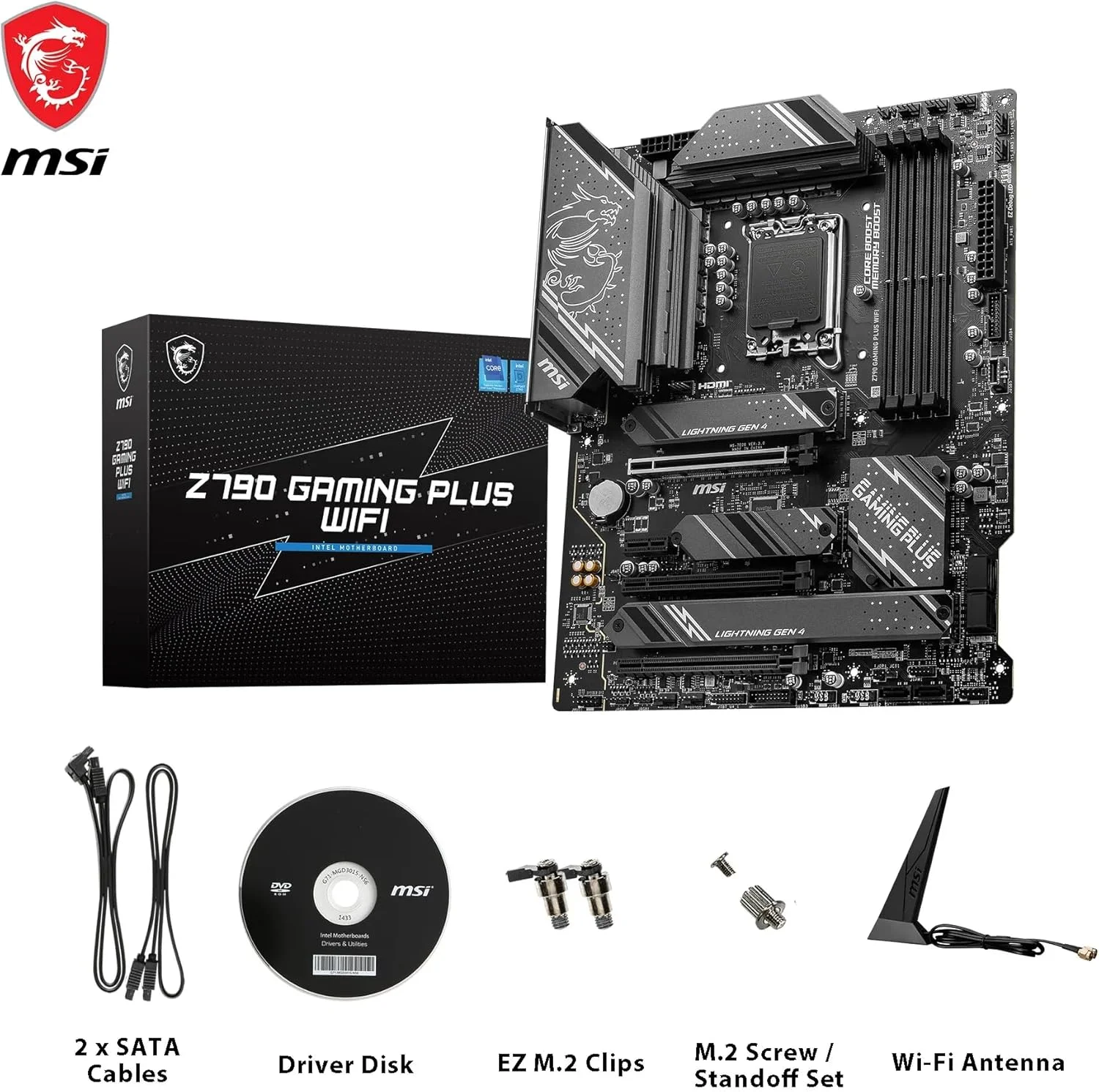 مادربرد MSI Z790 GAMING PLUS WIFI، ATX - پشتیبانی از پردازنده‌های نسل 14، 13 و 12 اینتل Core، LGA 1700 - تقویت حافظه DDR5 7200+ مگاهرتز/OC، 1 x PCIe 5.0 x16، 4 x M.2 Gen4، 2.5G LAN، Wi-Fi 6E