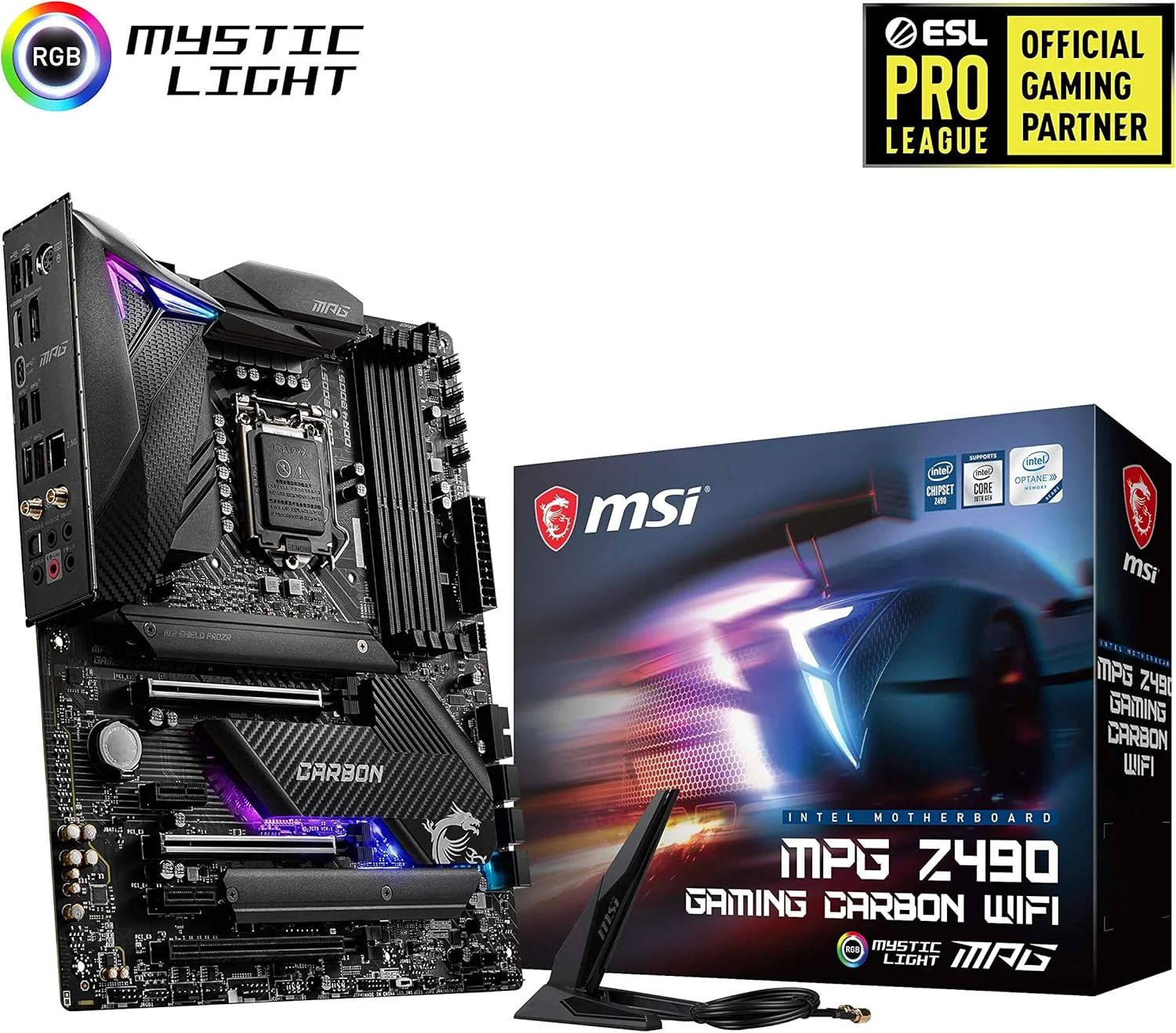 مادربرد گیمینگ MSI MPG Z490 Gaming Carbon WiFi، ATX، نسل دهم پردازنده Intel Core، سوکت LGA 1200، DDR4، SLI/CF، اسلات های M.2 دوگانه، USB 3.2 Gen 2، Wi-Fi 6، DP/HDMI، Mystic Light RGB، 7C73-001R