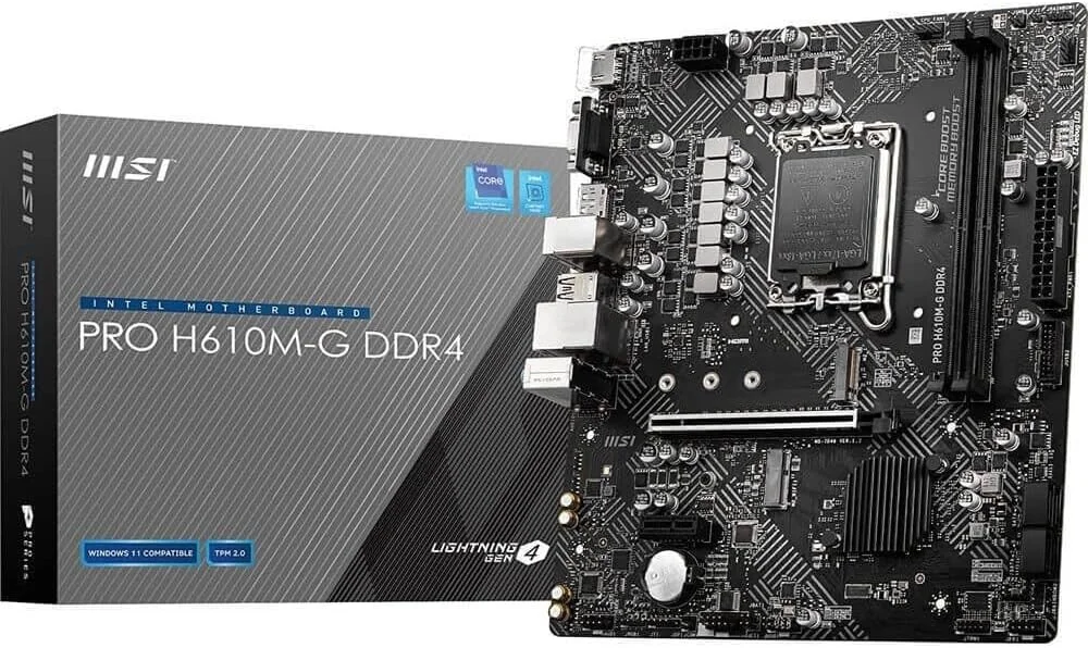 مادربرد MSI Pro H610M-G DDR4 Micro-ATX، سوکت LGA 1700، چیپست H610، کنترلر شبکه 1x Intel I219V Gigabit LAN، 2 اسلات DIMM، اسلات M.2، PCI-E X16، SATA III، HDMI، VGA، DP