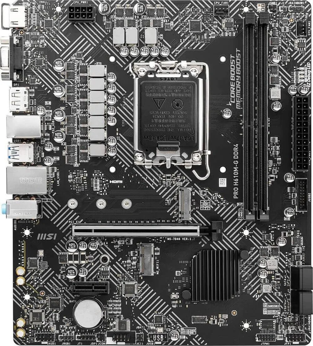 مادربرد MSI Pro H610M-G DDR4 Micro-ATX، سوکت LGA 1700، چیپست H610، کنترلر شبکه 1x Intel I219V Gigabit LAN، 2 اسلات DIMM، اسلات M.2، PCI-E X16، SATA III، HDMI، VGA، DP مادربرد MSI Pro H610M-G DDR4 Micro-ATX، سوکت LGA 1700، چیپست H610، کنترلر شبکه 1x Intel I219V Gigabit LAN، 2 اسلات DIMM، اسلات M.2، PCI-E X16، SATA III، HDMI، VGA، DP