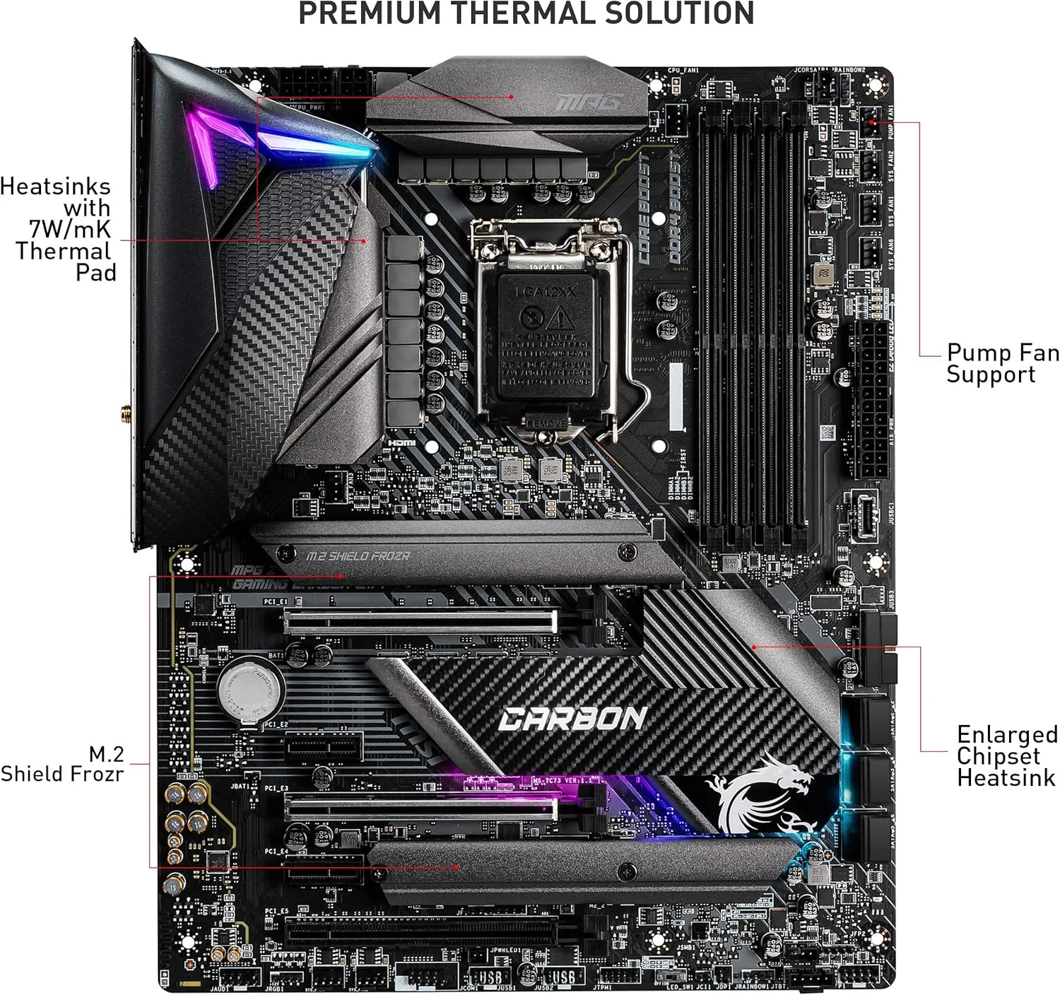 مادربرد گیمینگ MSI MPG Z490 Gaming Carbon WiFi، ATX، نسل دهم پردازنده Intel Core، سوکت LGA 1200، DDR4، SLI/CF، اسلات های M.2 دوگانه، USB 3.2 Gen 2، Wi-Fi 6، DP/HDMI، Mystic Light RGB، 7C73-001R مادربرد گیمینگ MSI MPG Z490 Gaming Carbon WiFi، ATX، نسل دهم پردازنده Intel Core، سوکت LGA 1200، DDR4، SLI/CF، اسلات های M.2 دوگانه، USB 3.2 Gen 2، Wi-Fi 6، DP/HDMI، Mystic Light RGB، 7C73-001R