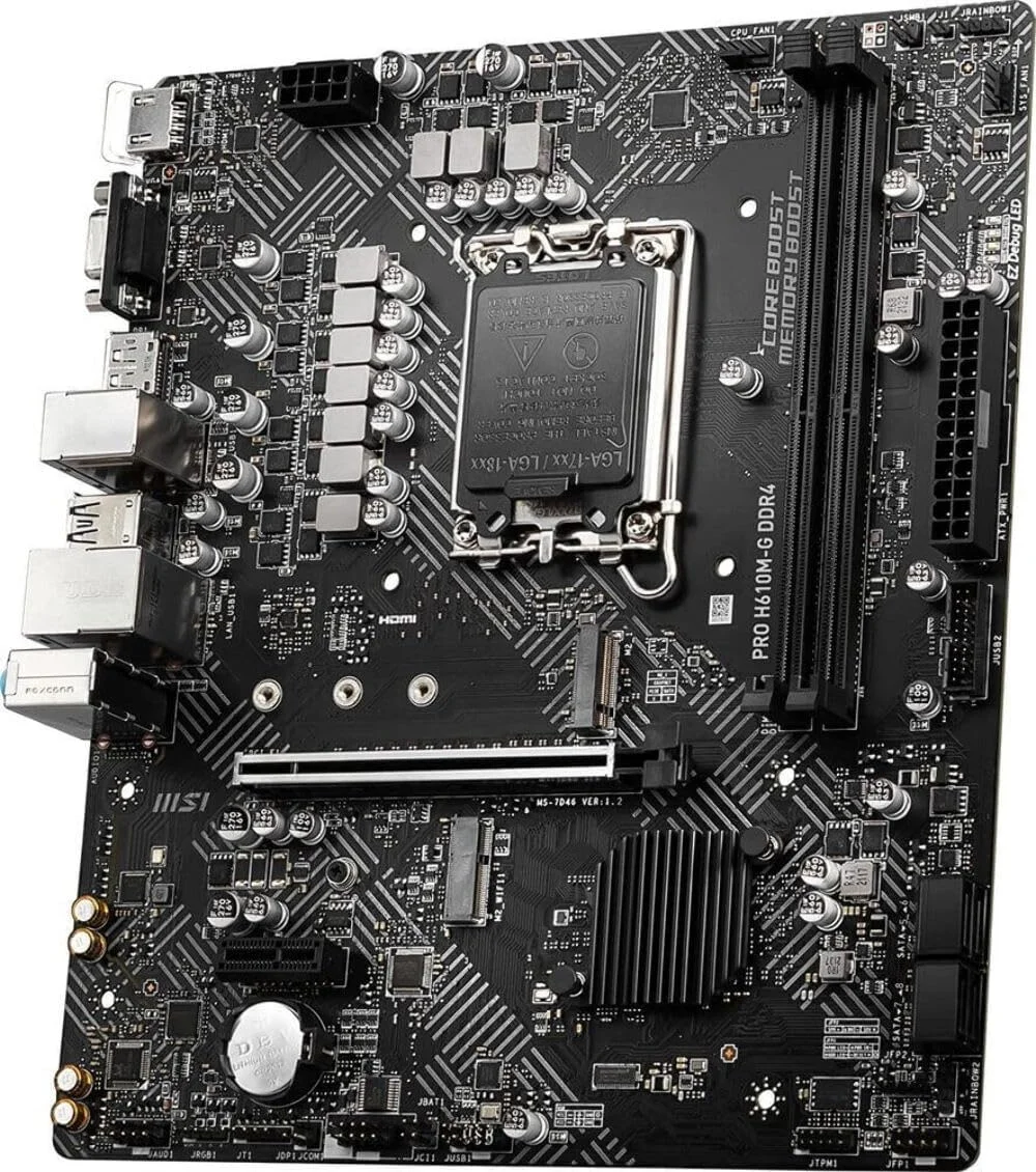 مادربرد MSI Pro H610M-G DDR4 Micro-ATX، سوکت LGA 1700، چیپست H610، کنترلر شبکه 1x Intel I219V Gigabit LAN، 2 اسلات DIMM، اسلات M.2، PCI-E X16، SATA III، HDMI، VGA، DP مادربرد MSI Pro H610M-G DDR4 Micro-ATX، سوکت LGA 1700، چیپست H610، کنترلر شبکه 1x Intel I219V Gigabit LAN، 2 اسلات DIMM، اسلات M.2، PCI-E X16، SATA III، HDMI، VGA، DP