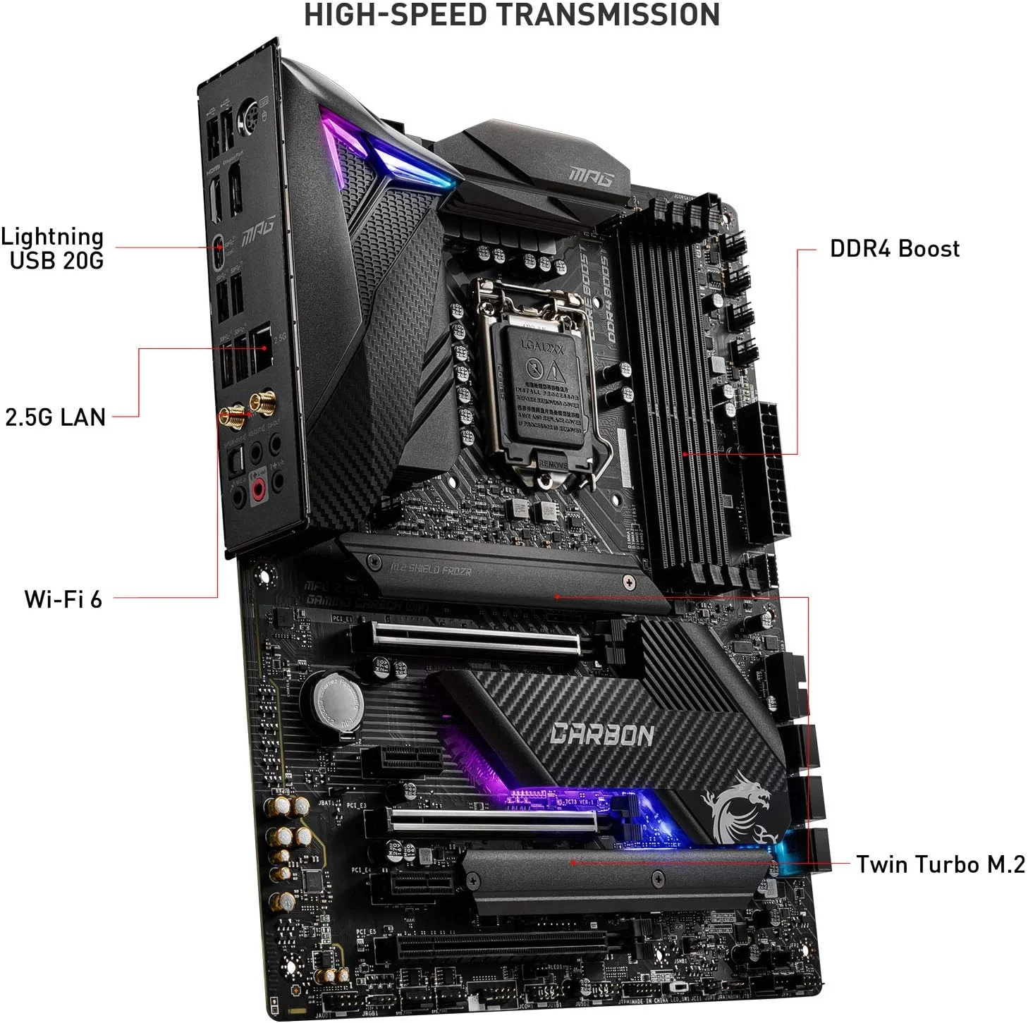 مادربرد گیمینگ MSI MPG Z490 Gaming Carbon WiFi، ATX، نسل دهم پردازنده Intel Core، سوکت LGA 1200، DDR4، SLI/CF، اسلات های M.2 دوگانه، USB 3.2 Gen 2، Wi-Fi 6، DP/HDMI، Mystic Light RGB، 7C73-001R مادربرد گیمینگ MSI MPG Z490 Gaming Carbon WiFi، ATX، نسل دهم پردازنده Intel Core، سوکت LGA 1200، DDR4، SLI/CF، اسلات های M.2 دوگانه، USB 3.2 Gen 2، Wi-Fi 6، DP/HDMI، Mystic Light RGB، 7C73-001R
