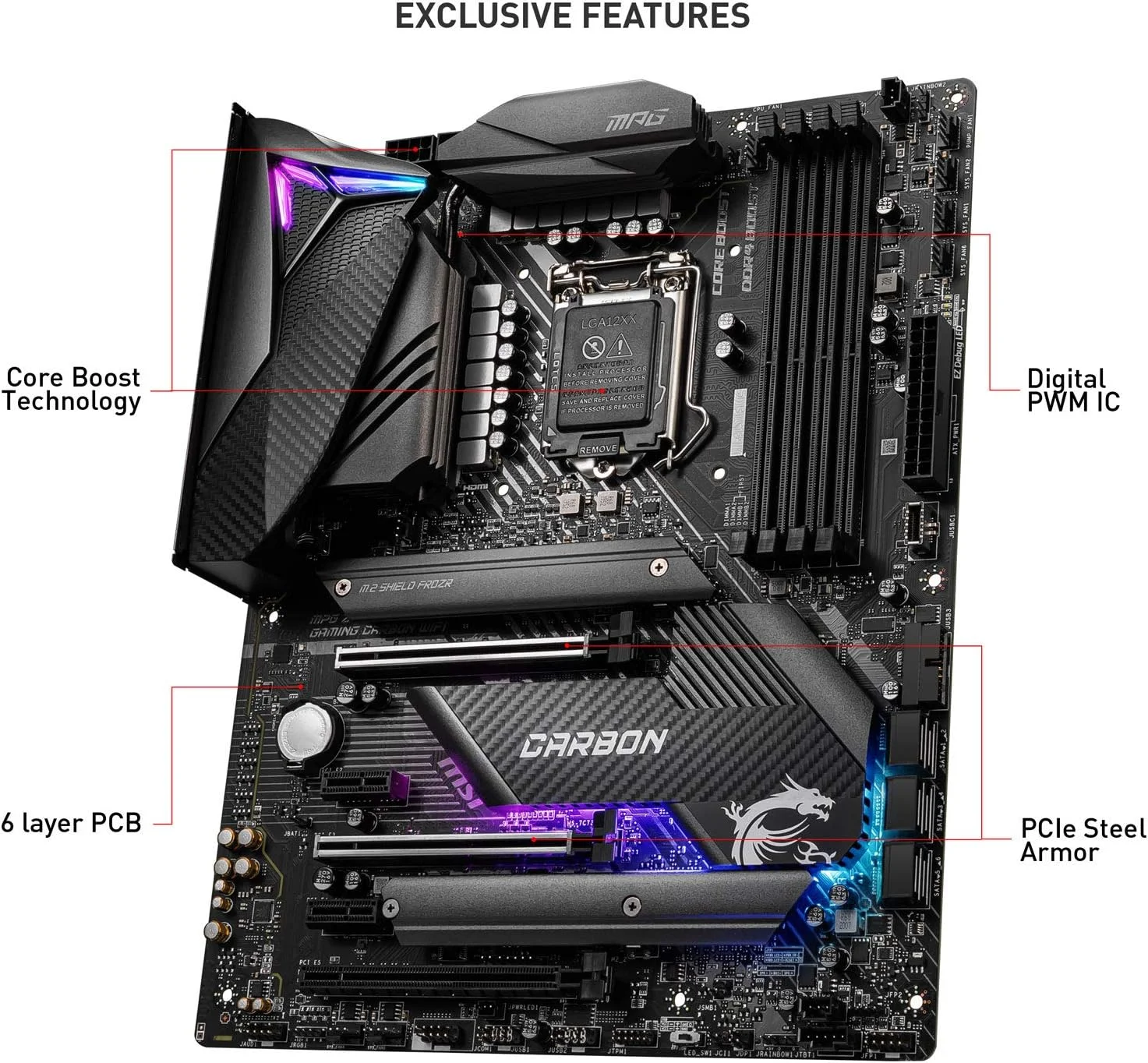 مادربرد گیمینگ MSI MPG Z490 Gaming Carbon WiFi، ATX، نسل دهم پردازنده Intel Core، سوکت LGA 1200، DDR4، SLI/CF، اسلات های M.2 دوگانه، USB 3.2 Gen 2، Wi-Fi 6، DP/HDMI، Mystic Light RGB، 7C73-001R مادربرد گیمینگ MSI MPG Z490 Gaming Carbon WiFi، ATX، نسل دهم پردازنده Intel Core، سوکت LGA 1200، DDR4، SLI/CF، اسلات های M.2 دوگانه، USB 3.2 Gen 2، Wi-Fi 6، DP/HDMI، Mystic Light RGB، 7C73-001R