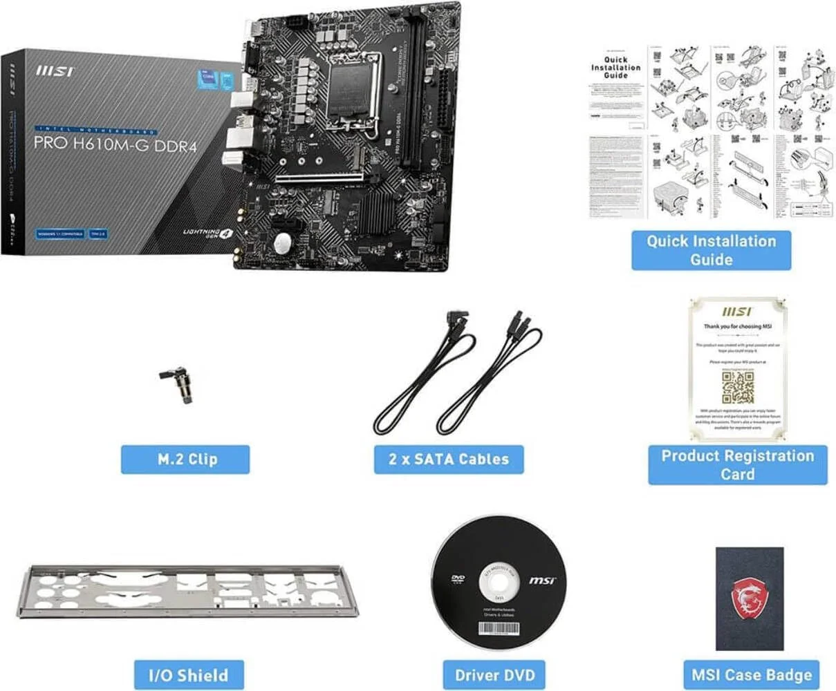 مادربرد MSI Pro H610M-G DDR4 Micro-ATX، سوکت LGA 1700، چیپست H610، کنترلر شبکه 1x Intel I219V Gigabit LAN، 2 اسلات DIMM، اسلات M.2، PCI-E X16، SATA III، HDMI، VGA، DP مادربرد MSI Pro H610M-G DDR4 Micro-ATX، سوکت LGA 1700، چیپست H610، کنترلر شبکه 1x Intel I219V Gigabit LAN، 2 اسلات DIMM، اسلات M.2، PCI-E X16، SATA III، HDMI، VGA، DP