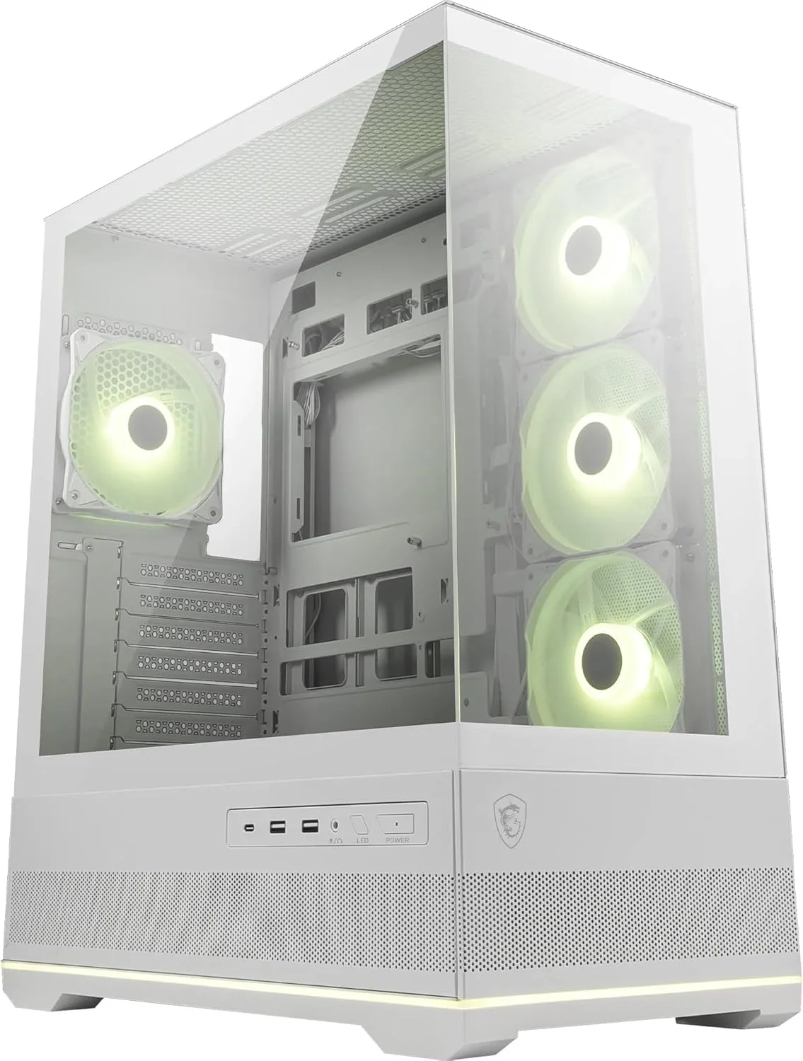 کیس کامپیوتر گیمینگ میدتاور MSI MAG PANO 110R PZ، پشتیبانی از کارت گرافیک تا طول 400 میلی‌متر، فیلترهای گرد و غبار قابل جابجایی، USB 20Gbps (Type-C)، پشتیبانی از مادربرد ATX و Micro-ATX با اتصال پشتی - سفید