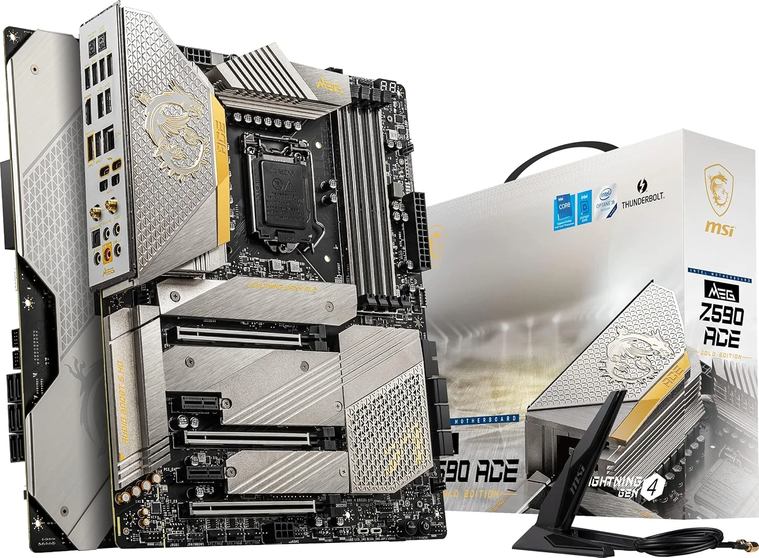 مادربرد گیمینگ MSI MEG Z590 ACE Gold Edition (ATX، نسل 11/10 پردازنده های Intel Core، سوکت LGA 1200، SLI/CFX، DDR4، PCIe 4، اسلات های M.2، USB 3.2 Gen 2، Wi-Fi 6E، Mystic Light RGB)