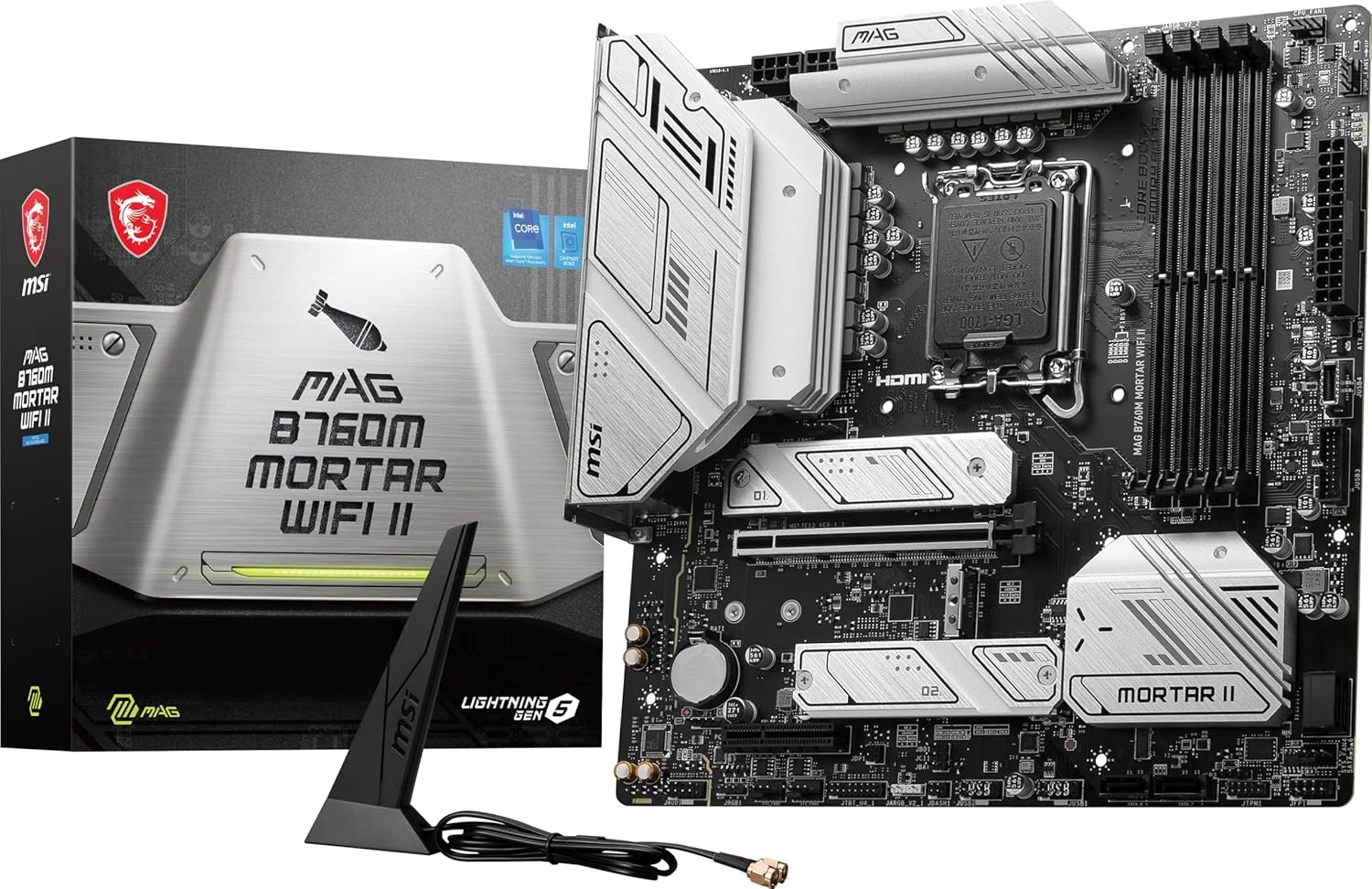 مادربرد گیمینگ MSI MAG B760M Mortar WiFi II (پشتیبانی از پردازنده‌های نسل 12/13/14 اینتل، LGA 1700، DDR5، PCIe 5.0، M.2، LAN 2.5 گیگابیتی، USB 3.2 Gen2، HDMI/DP، Wi-Fi 6E، بلوتوث 5.3، mATX)