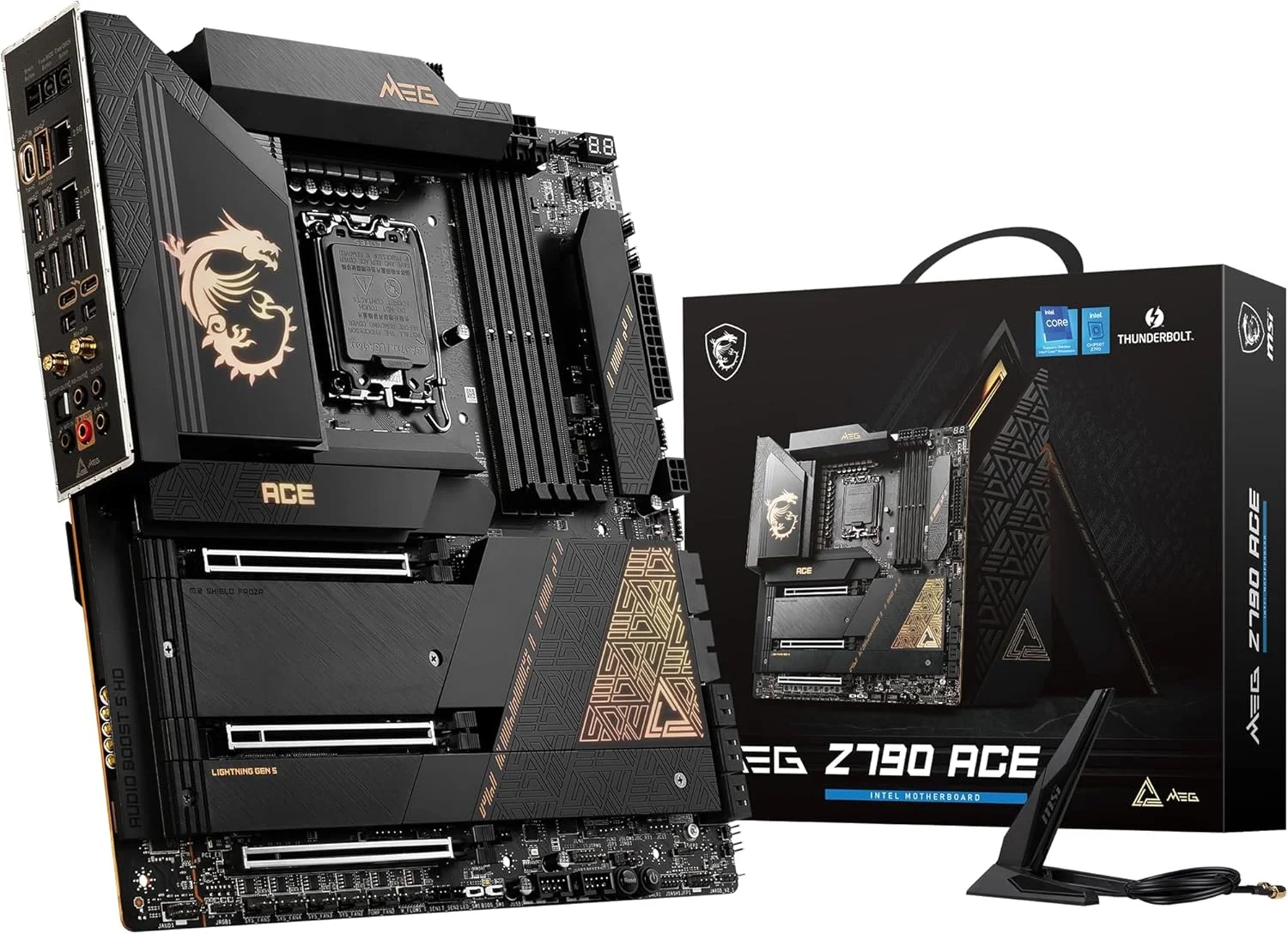 مادربرد MSI MEG Z790 ACE E-ATX - پشتیبانی از پردازنده‌های نسل 12/13 اینتل، LGA 1700، DDR5 Boost (7800+MHz/OC)، 2x PCIe 5.0 x16، 1x PCIe 4.0 x16، 1 x M.2 Gen5، 4 x M.2 Gen4، LAN 2.5Gbps، Wi-Fi 6E