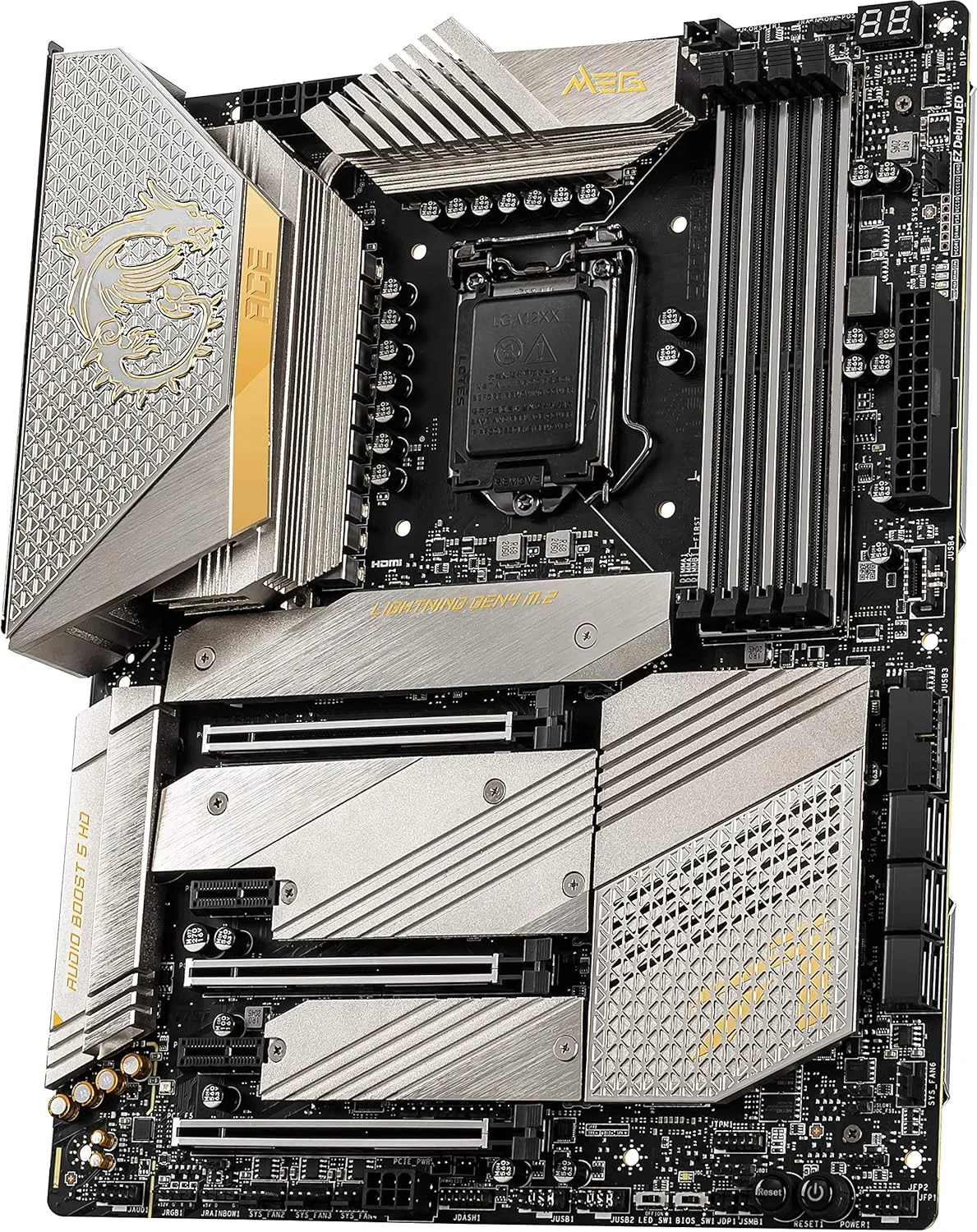 مادربرد گیمینگ MSI MEG Z590 ACE Gold Edition (ATX، نسل 11/10 پردازنده های Intel Core، سوکت LGA 1200، SLI/CFX، DDR4، PCIe 4، اسلات های M.2، USB 3.2 Gen 2، Wi-Fi 6E، Mystic Light RGB)