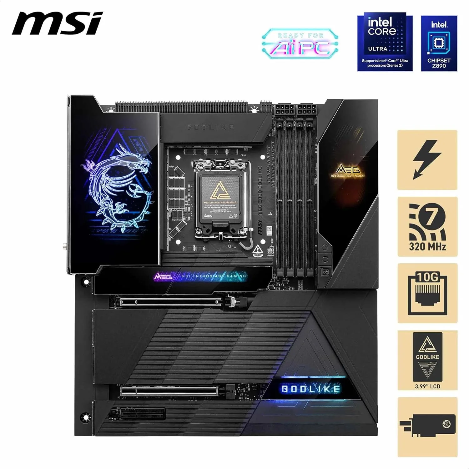 مادربرد MSI MEG Z890 GODLIKE, E-ATX - پشتیبانی از پردازنده های Intel Core Ultra (سری 2), LGA 1851 - Dynamic Dashboard III, EZ Slide M.2, DDR5 (9200+ MT/s OC), M.2 & PCIe 5.0, Thunderbolt 5, Wi-Fi 7, 10G LAN مادربرد MSI MEG Z890 GODLIKE, E-ATX - پشتیبانی از پردازنده های Intel Core Ultra (سری 2), LGA 1851 - Dynamic Dashboard III, EZ Slide M.2, DDR5 (9200+ MT/s OC), M.2 & PCIe 5.0, Thunderbolt 5, Wi-Fi 7, 10G LAN