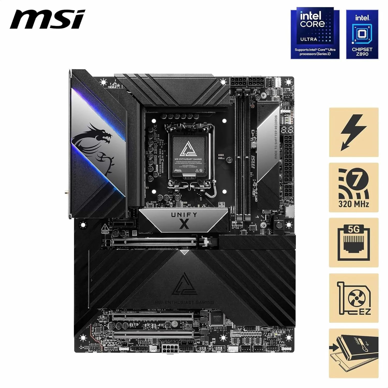 مادربرد MSI MEG Z890 Unify-X، ATX - پشتیبانی از پردازندههای Intel Core Ultra (سری 2)، LGA 1851-110A SPS، حافظه DDR5 (9600+ MT/s OC)، PCIe 5.0 & 4.0 x16، M.2 Gen5، Thunderbolt 4، Wi-Fi 7، 5G LAN مادربرد MSI MEG Z890 Unify-X، ATX - پشتیبانی از پردازندههای Intel Core Ultra (سری 2)، LGA 1851-110A SPS، حافظه DDR5 (9600+ MT/s OC)، PCIe 5.0 & 4.0 x16، M.2 Gen5، Thunderbolt 4، Wi-Fi 7، 5G LAN