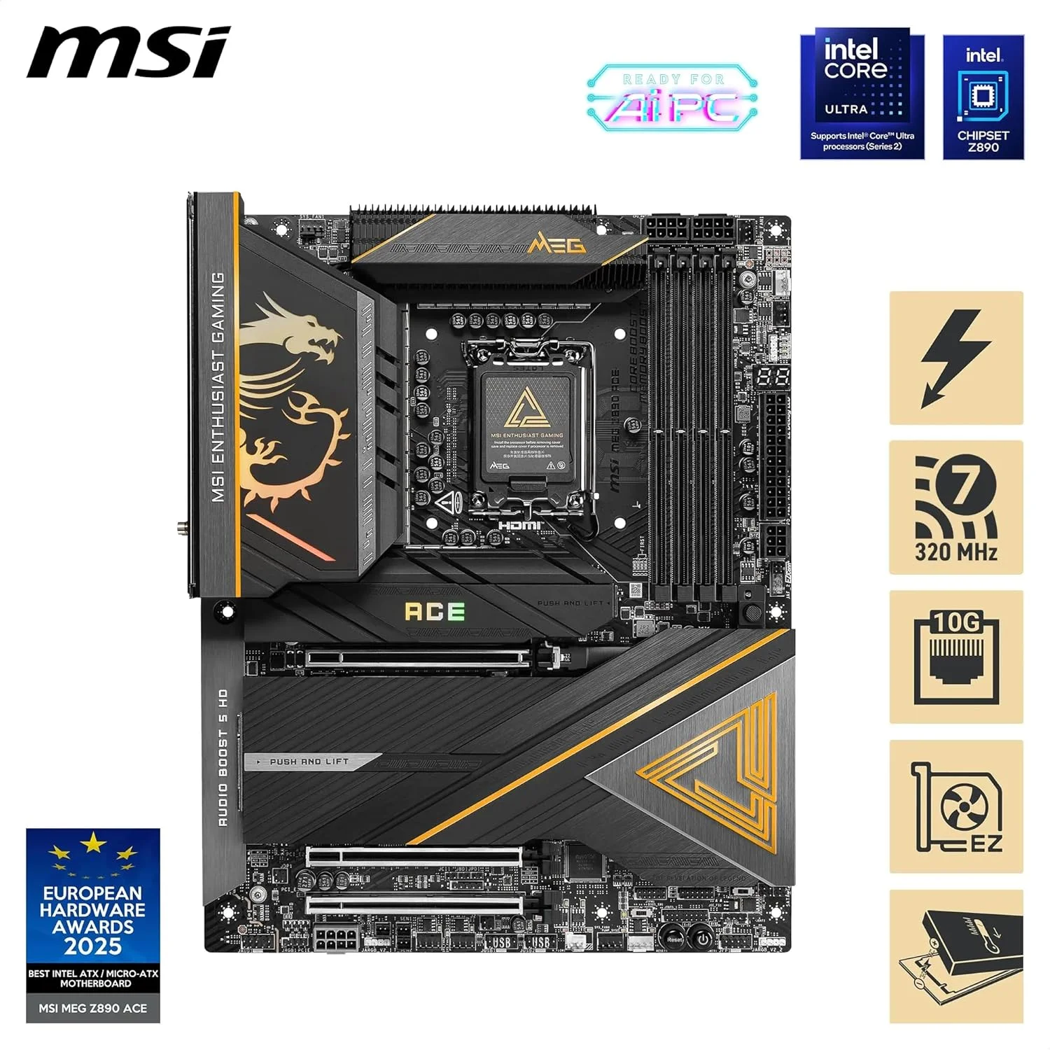 مادربرد MSI MEG Z890 ACE ATX: سوکت پردازنده LGA 1851، تاندربولت 4، 4x DDR5 UDIMM، 3x اسلات PCI-E x16، 5x M.2، 1x Marvell AQC113CS 10Gbps LAN، پشتیبانی از بلوتوث 5.4 - مشکی مادربرد MSI MEG Z890 ACE ATX: سوکت پردازنده LGA 1851، تاندربولت 4، 4x DDR5 UDIMM، 3x اسلات PCI-E x16، 5x M.2، 1x Marvell AQC113CS 10Gbps LAN، پشتیبانی از بلوتوث 5.4 - مشکی