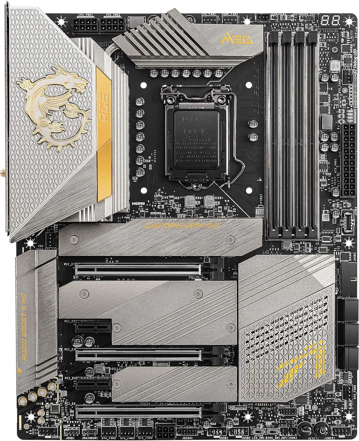مادربرد گیمینگ MSI MEG Z590 ACE Gold Edition (ATX، نسل 11/10 پردازنده های Intel Core، سوکت LGA 1200، SLI/CFX، DDR4، PCIe 4، اسلات های M.2، USB 3.2 Gen 2، Wi-Fi 6E، Mystic Light RGB)