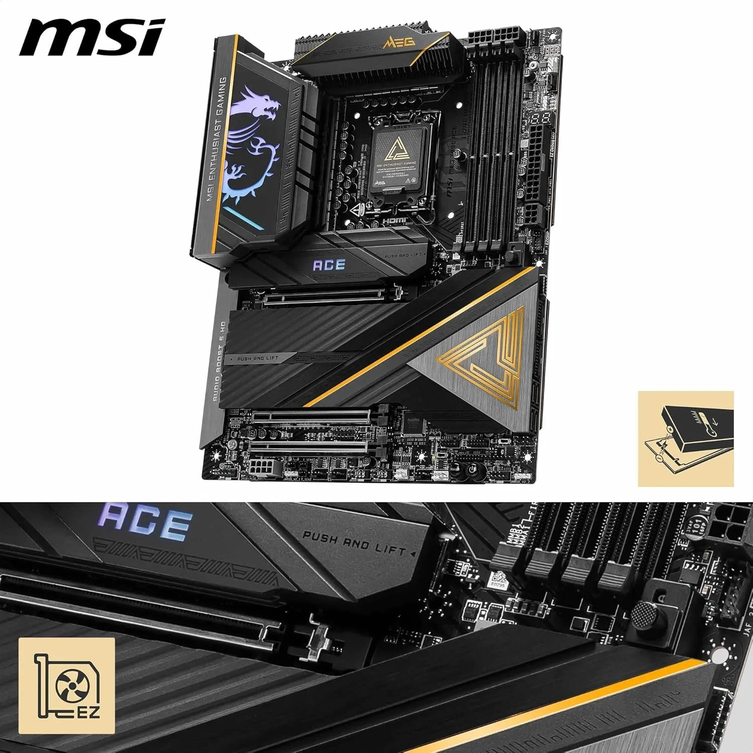 مادربرد MSI MEG Z890 ACE ATX: سوکت پردازنده LGA 1851، تاندربولت 4، 4x DDR5 UDIMM، 3x اسلات PCI-E x16، 5x M.2، 1x Marvell AQC113CS 10Gbps LAN، پشتیبانی از بلوتوث 5.4 - مشکی مادربرد MSI MEG Z890 ACE ATX: سوکت پردازنده LGA 1851، تاندربولت 4، 4x DDR5 UDIMM، 3x اسلات PCI-E x16، 5x M.2، 1x Marvell AQC113CS 10Gbps LAN، پشتیبانی از بلوتوث 5.4 - مشکی