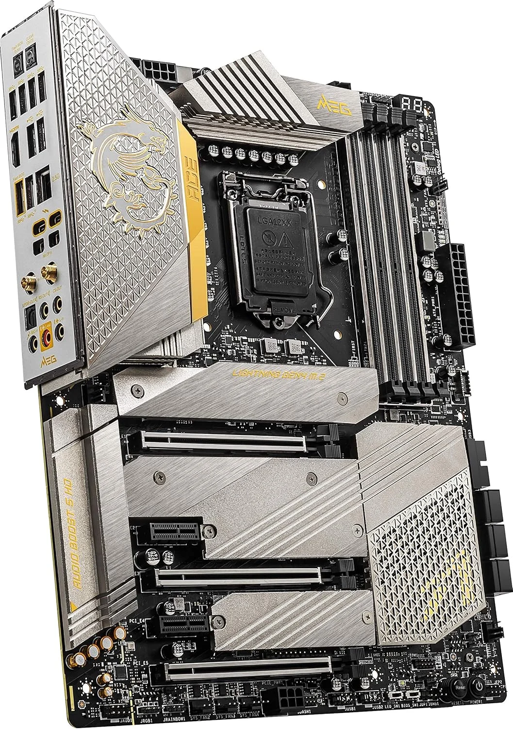مادربرد گیمینگ MSI MEG Z590 ACE Gold Edition (ATX، نسل 11/10 پردازنده های Intel Core، سوکت LGA 1200، SLI/CFX، DDR4، PCIe 4، اسلات های M.2، USB 3.2 Gen 2، Wi-Fi 6E، Mystic Light RGB)