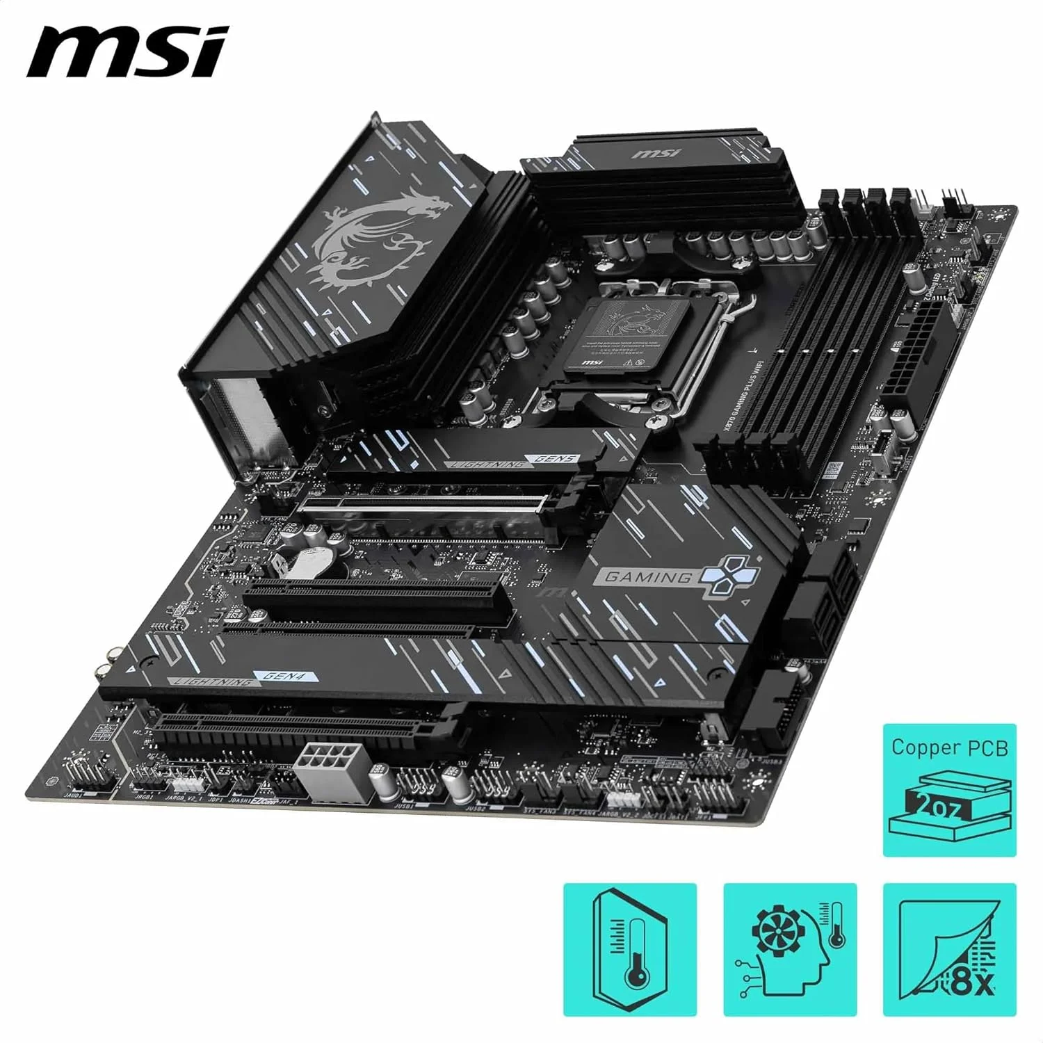مادربرد MSI X870 Gaming Plus WiFi V1، ATX - پشتیبانی از پردازنده‌های AMD Ryzen 9000/8000/7000، AM5-60A SPS VRM، تقویت حافظه DDR5 8200+ MT/s (OC)، PCIe 5.0 x16 & 4.0 x16، M.2 Gen5، Wi-Fi 7، 5G LAN