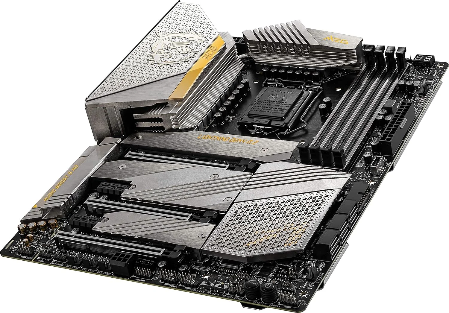 مادربرد گیمینگ MSI MEG Z590 ACE Gold Edition (ATX، نسل 11/10 پردازنده های Intel Core، سوکت LGA 1200، SLI/CFX، DDR4، PCIe 4، اسلات های M.2، USB 3.2 Gen 2، Wi-Fi 6E، Mystic Light RGB)