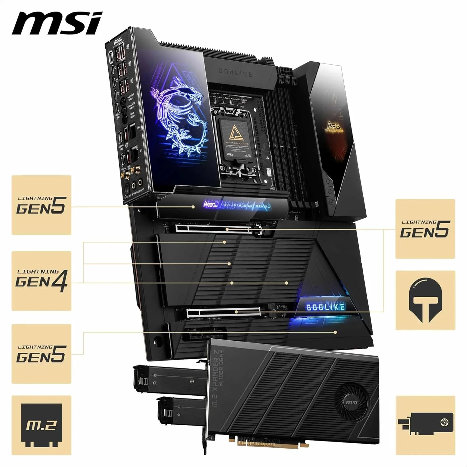 مادربرد MSI MEG Z890 GODLIKE, E-ATX - پشتیبانی از پردازنده های Intel Core Ultra (سری 2), LGA 1851 - Dynamic Dashboard III, EZ Slide M.2, DDR5 (9200+ MT/s OC), M.2 & PCIe 5.0, Thunderbolt 5, Wi-Fi 7, 10G LAN مادربرد MSI MEG Z890 GODLIKE, E-ATX - پشتیبانی از پردازنده های Intel Core Ultra (سری 2), LGA 1851 - Dynamic Dashboard III, EZ Slide M.2, DDR5 (9200+ MT/s OC), M.2 & PCIe 5.0, Thunderbolt 5, Wi-Fi 7, 10G LAN