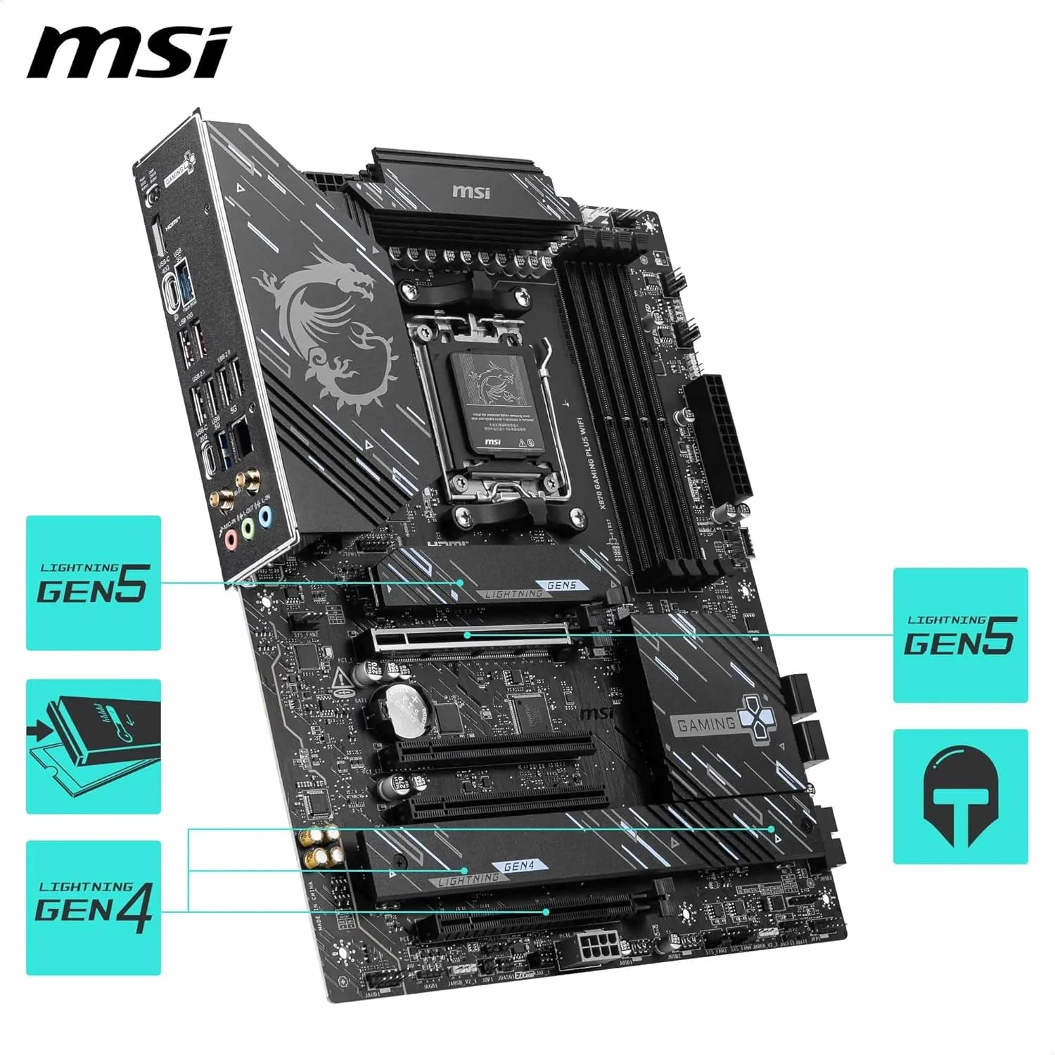 مادربرد MSI X870 Gaming Plus WiFi V1، ATX - پشتیبانی از پردازنده‌های AMD Ryzen 9000/8000/7000، AM5-60A SPS VRM، تقویت حافظه DDR5 8200+ MT/s (OC)، PCIe 5.0 x16 & 4.0 x16، M.2 Gen5، Wi-Fi 7، 5G LAN
