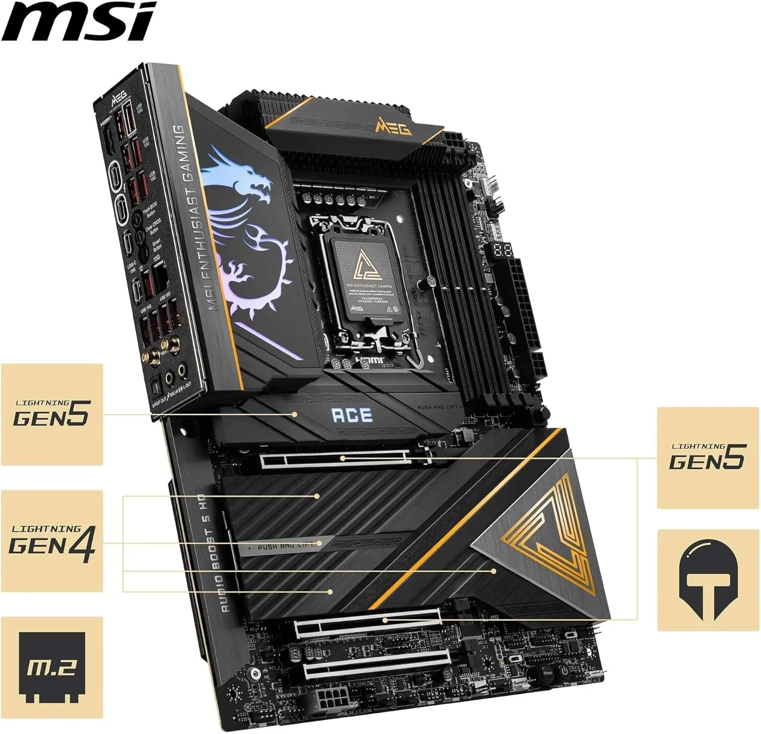 مادربرد MSI MEG Z890 ACE ATX: سوکت پردازنده LGA 1851، تاندربولت 4، 4x DDR5 UDIMM، 3x اسلات PCI-E x16، 5x M.2، 1x Marvell AQC113CS 10Gbps LAN، پشتیبانی از بلوتوث 5.4 - مشکی مادربرد MSI MEG Z890 ACE ATX: سوکت پردازنده LGA 1851، تاندربولت 4، 4x DDR5 UDIMM، 3x اسلات PCI-E x16، 5x M.2، 1x Marvell AQC113CS 10Gbps LAN، پشتیبانی از بلوتوث 5.4 - مشکی