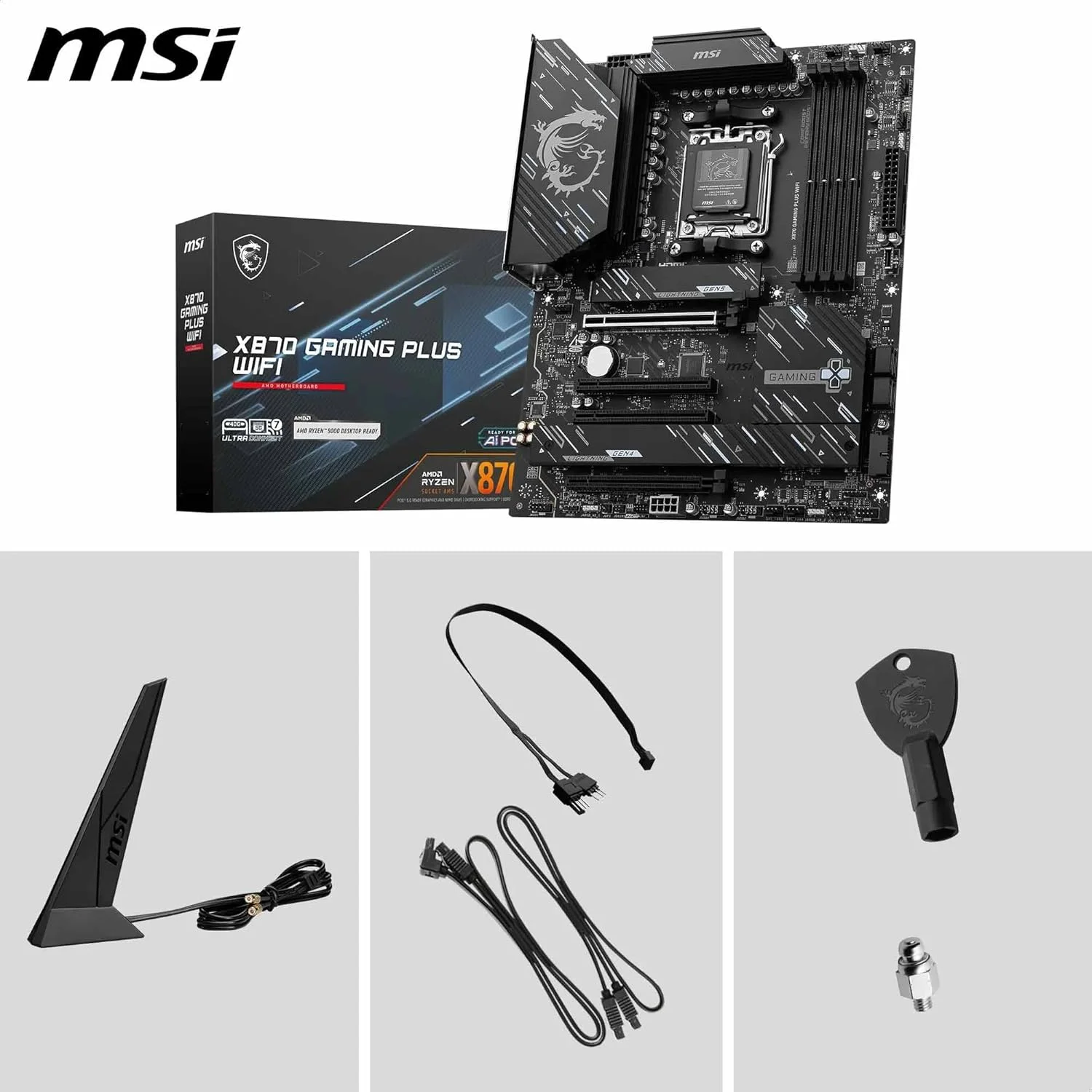 مادربرد MSI X870 Gaming Plus WiFi V1، ATX - پشتیبانی از پردازنده‌های AMD Ryzen 9000/8000/7000، AM5-60A SPS VRM، تقویت حافظه DDR5 8200+ MT/s (OC)، PCIe 5.0 x16 & 4.0 x16، M.2 Gen5، Wi-Fi 7، 5G LAN