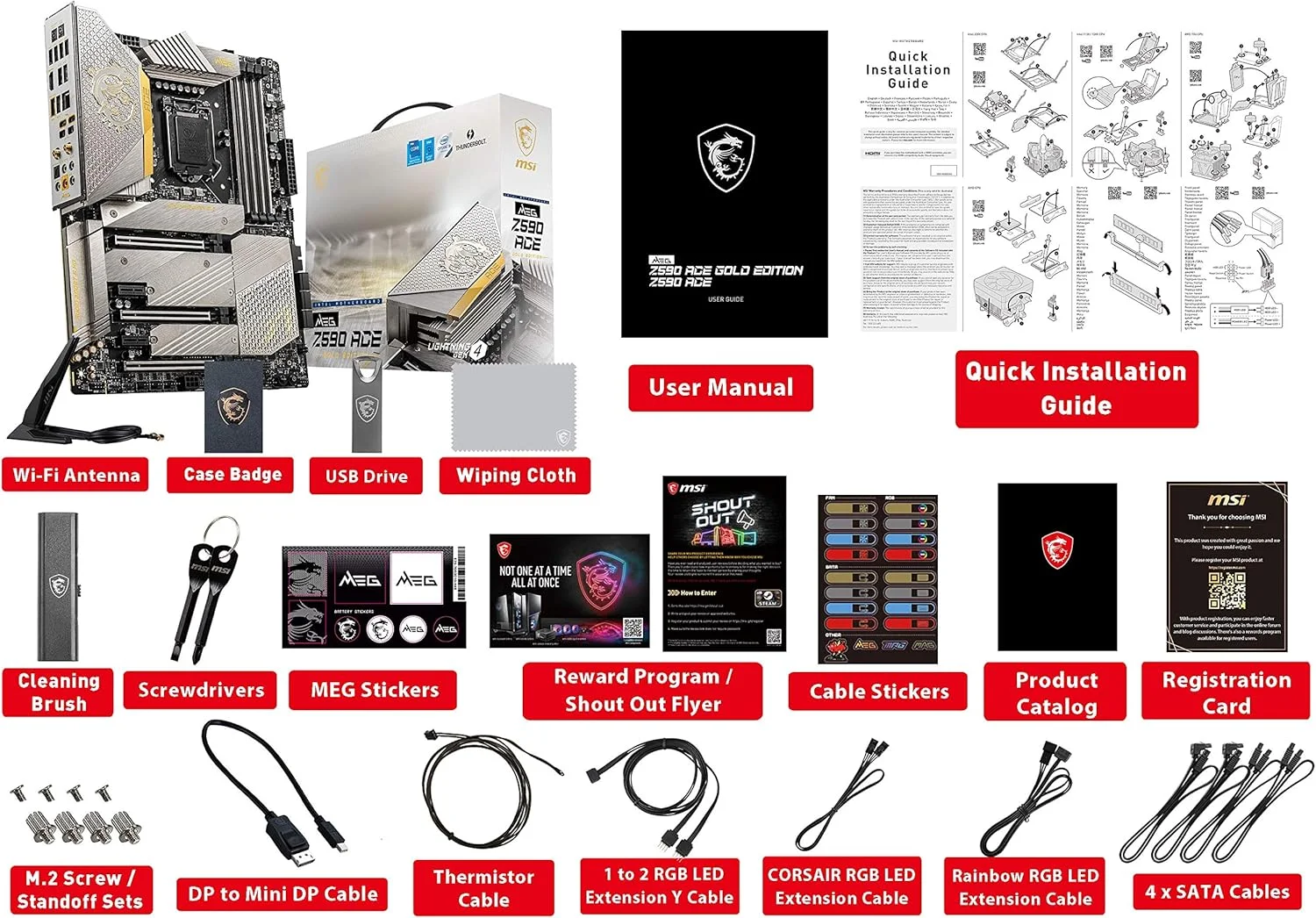 مادربرد گیمینگ MSI MEG Z590 ACE Gold Edition (ATX، نسل 11/10 پردازنده های Intel Core، سوکت LGA 1200، SLI/CFX، DDR4، PCIe 4، اسلات های M.2، USB 3.2 Gen 2، Wi-Fi 6E، Mystic Light RGB)