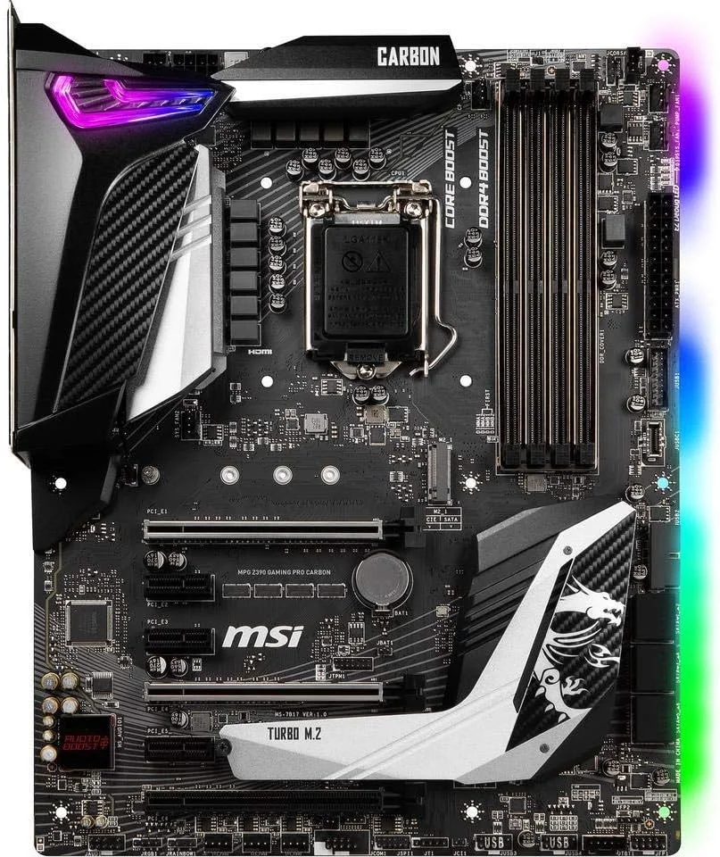 مادربرد گیمینگ MSI MPG Z390 Gaming PRO Carbon LGA1151 (پشتیبانی از نسل 8 و 9 اینتل)، M.2 USB 3.1 Gen 2 DDR4 HDMI DP SLI CFX ATX Z390