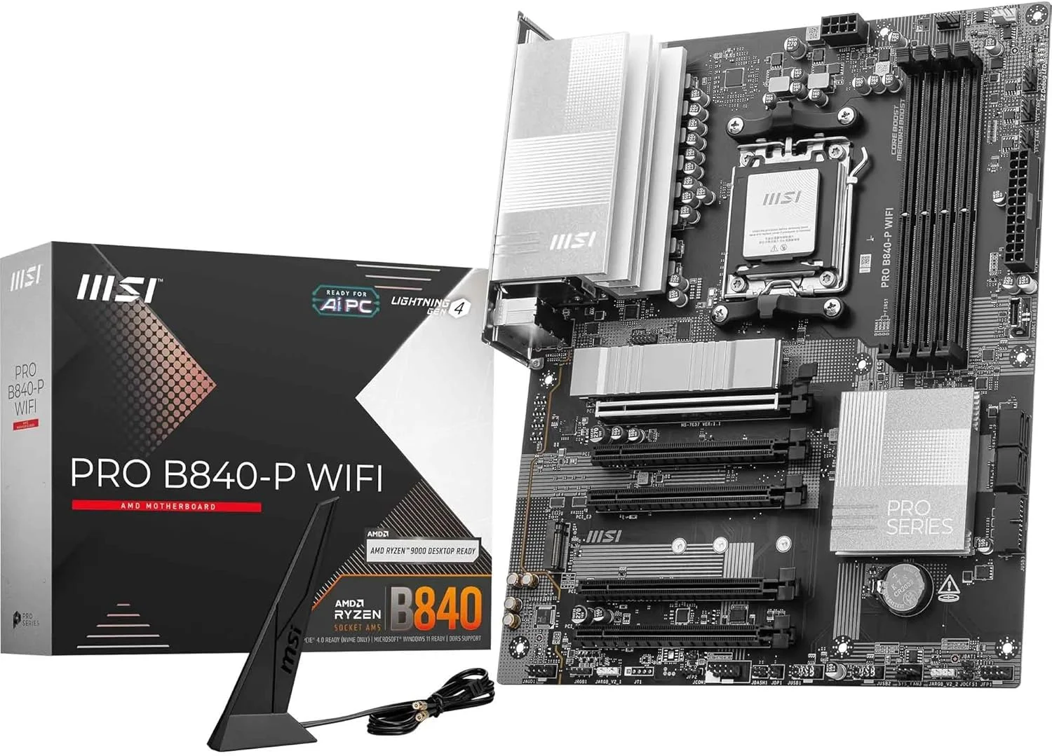 مادربرد MSI PRO B840-P WiFi، ATX - پشتیبانی از پردازنده‌های AMD Ryzen 9000/8000/7000، سوکت AM5 - تقویت حافظه DDR5 (بیش از 8000 MT/s OC)، PCIe 4.0 x16، M.2 Gen4، Wi-Fi 7، LAN 2.5G