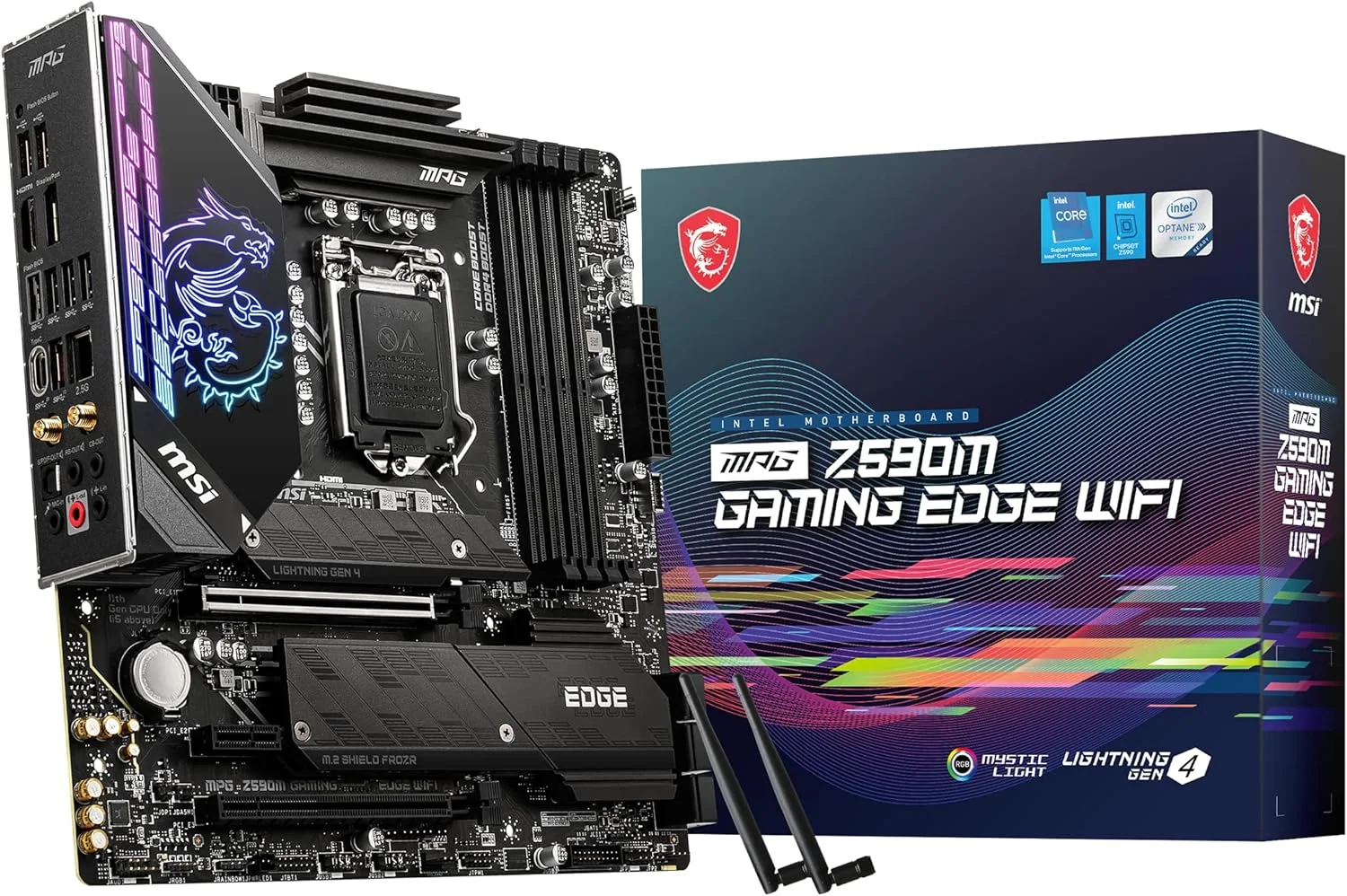 مادربرد گیمینگ MSI MPG Z590M Gaming Edge WiFi (Micro-ATX، نسل 11/10 پردازنده Intel Core، سوکت LGA 1200، DDR4، PCIe 4، CFX، Dual M.2، USB 3.2 Gen 2، Wi-Fi 6E، DP/HDMI، Mystic Light RGB)