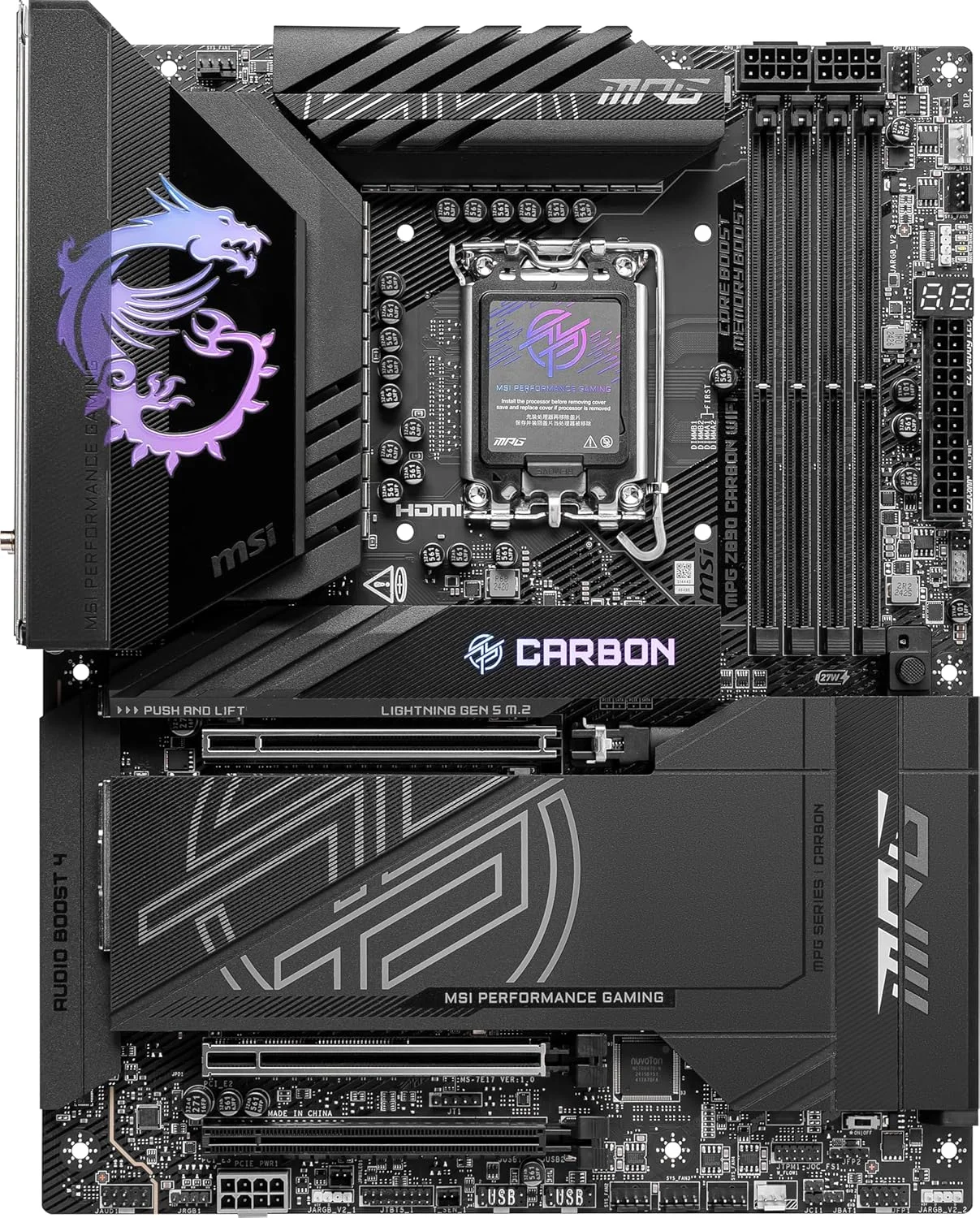 مادربرد گیمینگ MSI MPG Z890 Carbon WiFi سازگار با پردازندههای Intel Core Ultra Series 2، LGA 1851، DDR5، PCIe 5.0، M.2، SATA، LAN 5Gbps، USB Type C، Wi-Fi 7، بلوتوث 5.4 مادربرد گیمینگ MSI MPG Z890 Carbon WiFi سازگار با پردازندههای Intel Core Ultra Series 2، LGA 1851، DDR5، PCIe 5.0، M.2، SATA، LAN 5Gbps، USB Type C، Wi-Fi 7، بلوتوث 5.4
