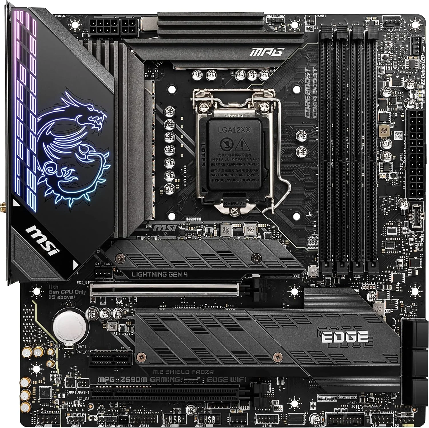 مادربرد گیمینگ MSI MPG Z590M Gaming Edge WiFi (Micro-ATX، نسل 11/10 پردازنده Intel Core، سوکت LGA 1200، DDR4، PCIe 4، CFX، Dual M.2، USB 3.2 Gen 2، Wi-Fi 6E، DP/HDMI، Mystic Light RGB) مادربرد گیمینگ MSI MPG Z590M Gaming Edge WiFi (Micro-ATX، نسل 11/10 پردازنده Intel Core، سوکت LGA 1200، DDR4، PCIe 4، CFX، Dual M.2، USB 3.2 Gen 2، Wi-Fi 6E، DP/HDMI، Mystic Light RGB)
