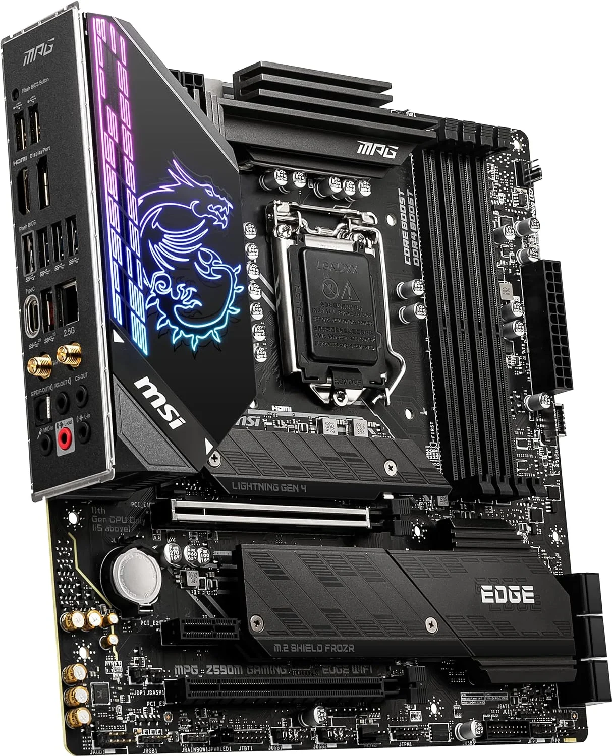 مادربرد گیمینگ MSI MPG Z590M Gaming Edge WiFi (Micro-ATX، نسل 11/10 پردازنده Intel Core، سوکت LGA 1200، DDR4، PCIe 4، CFX، Dual M.2، USB 3.2 Gen 2، Wi-Fi 6E، DP/HDMI، Mystic Light RGB) مادربرد گیمینگ MSI MPG Z590M Gaming Edge WiFi (Micro-ATX، نسل 11/10 پردازنده Intel Core، سوکت LGA 1200، DDR4، PCIe 4، CFX، Dual M.2، USB 3.2 Gen 2، Wi-Fi 6E، DP/HDMI، Mystic Light RGB)
